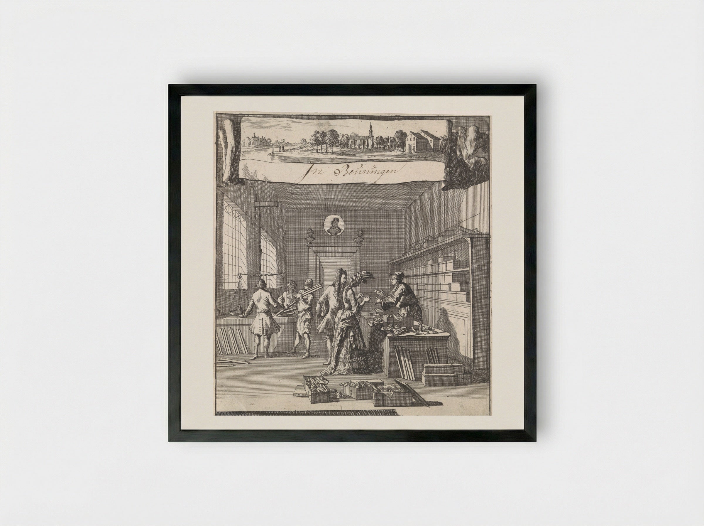 Adreskaart voor de goud- en zilverdraadwinkel van Christiaan Beuning te Beuningen - Caspar Luyken - Framed Print Black