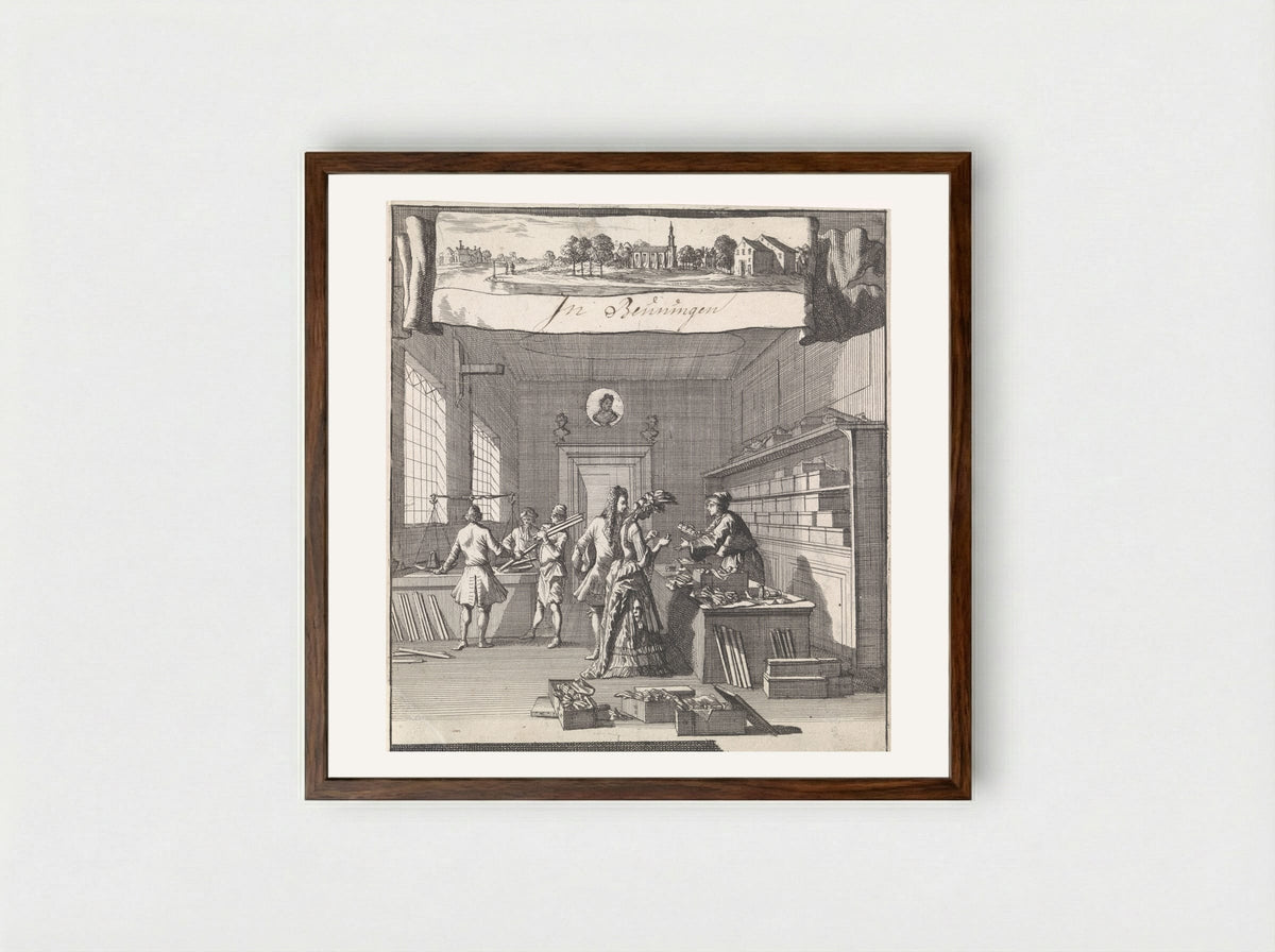 Adreskaart voor de goud- en zilverdraadwinkel van Christiaan Beuning te Beuningen - Caspar Luyken - Framed Print Dark Wood