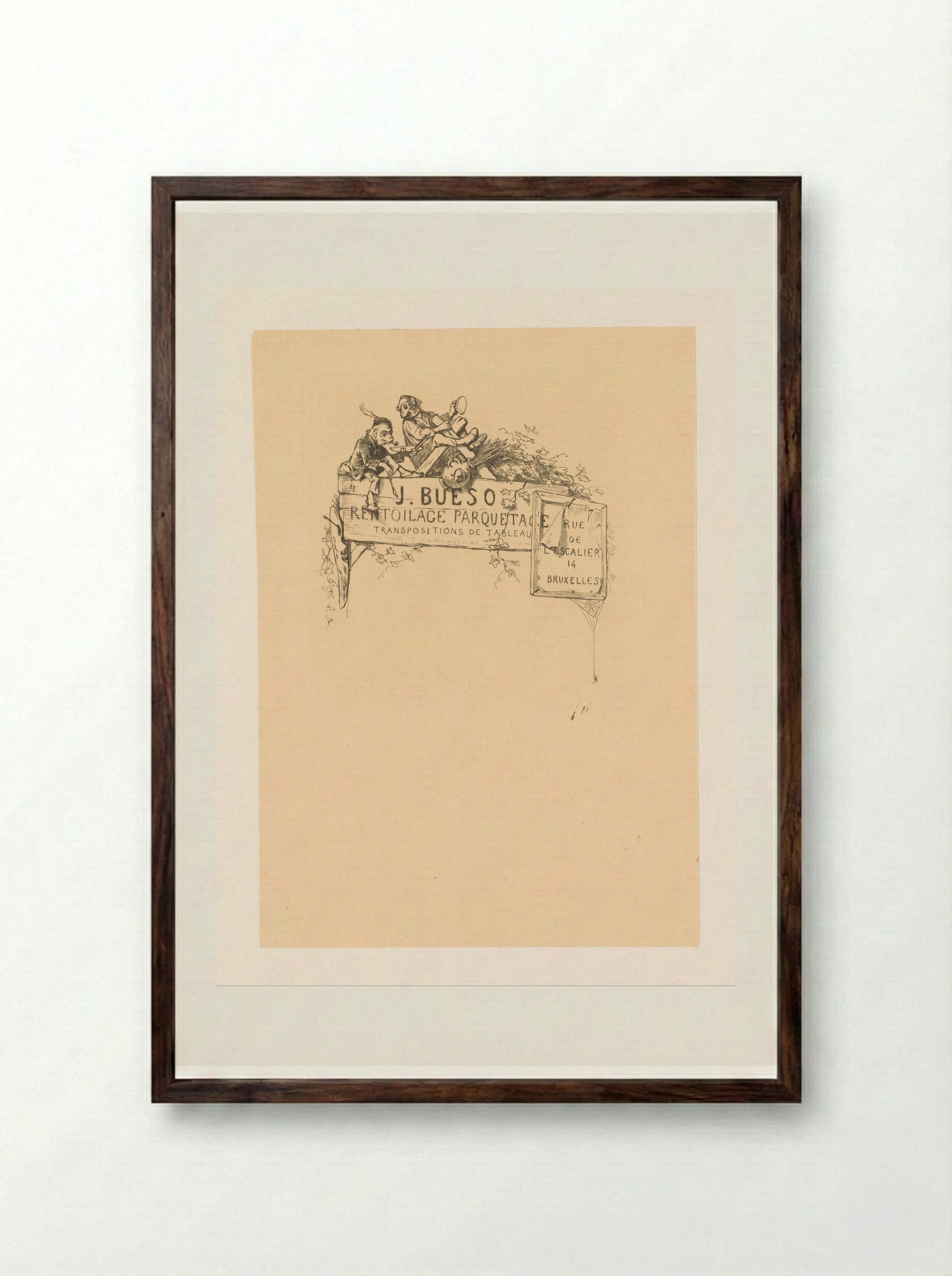 Adreskaart voor restaurateur van schilderijen J. Bueso - Léopold Flameng - Framed Print Dark Wood