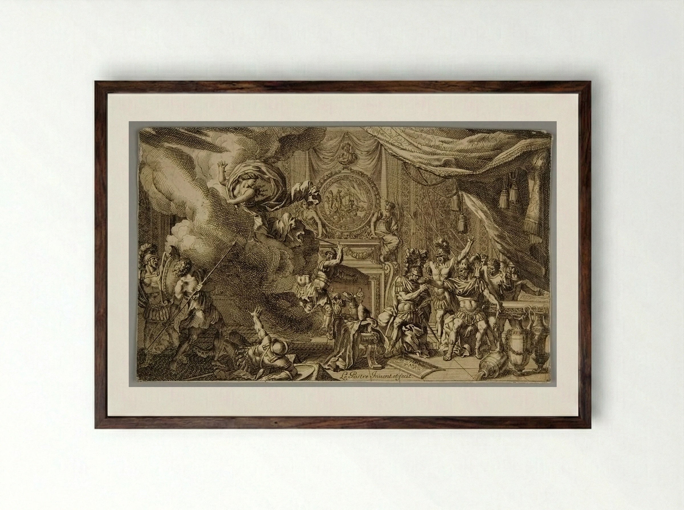 Aegeus Discovering His Son After Poisoning Him Through the Influence of Medea - Jean Le Pautre - Framed Print Dark Wood
