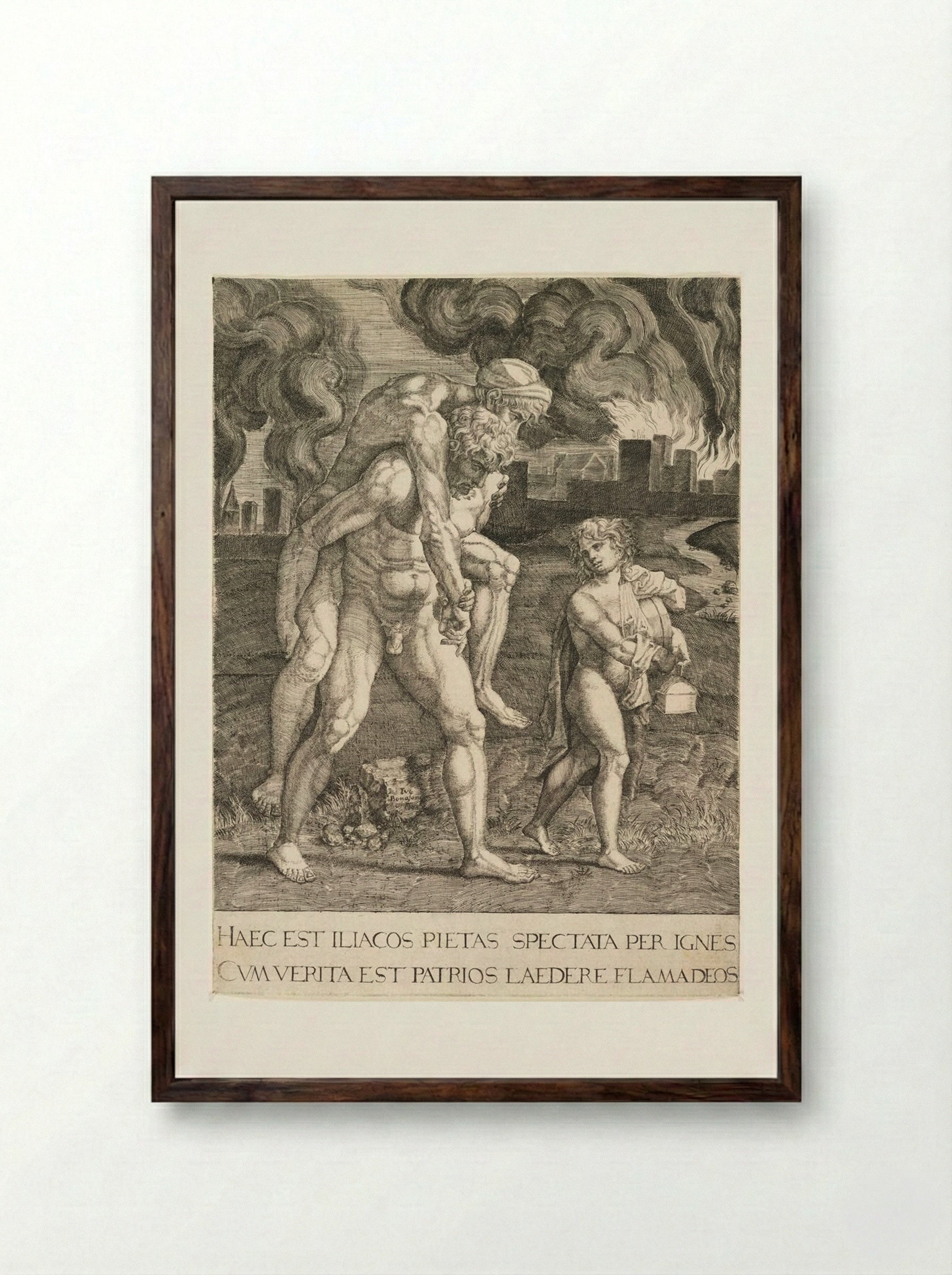 Aeneas Carries Anchises from the Burning City of Troy - Giulio Bonasone - Framed Print Dark Wood