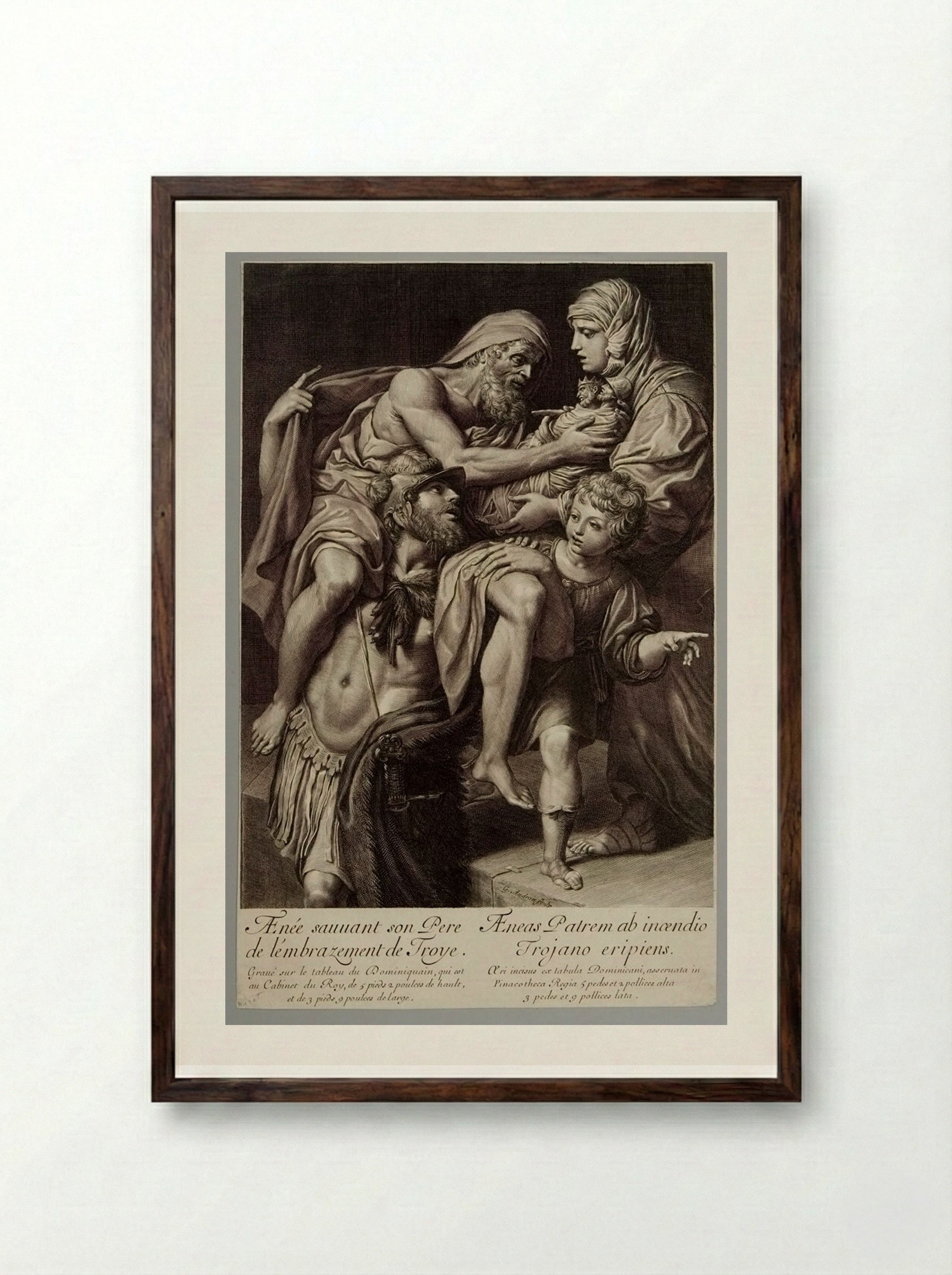 Aeneas Saves His Father from the Burning of Troy - Gérard Audran - Framed Print Dark Wood