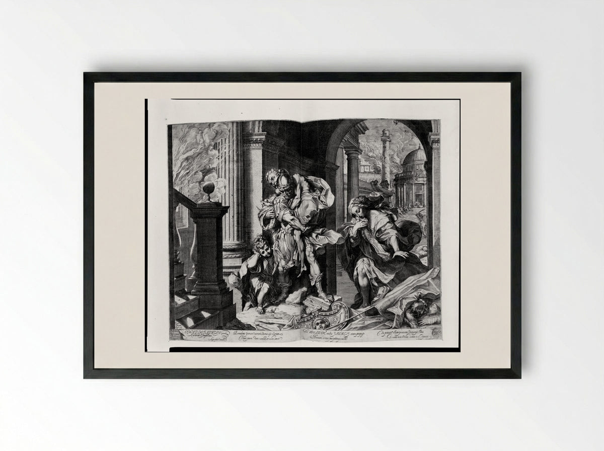Aeneas and His Family Fleeing Troy - Agostino Carracci - Framed Print Black