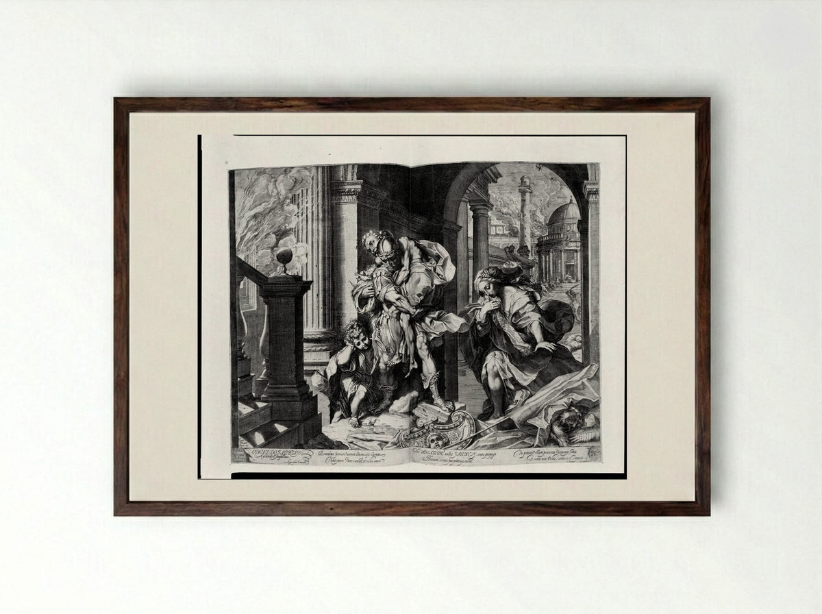 Aeneas and His Family Fleeing Troy - Agostino Carracci - Framed Print Dark Wood