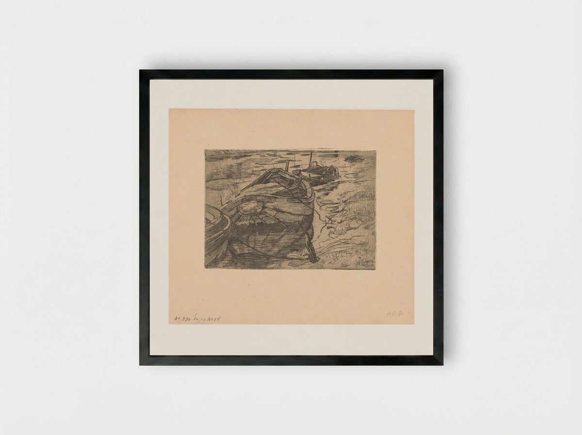 Afgemeerde roeiboten in een sloot - Pieter Dupont - Framed Print Black