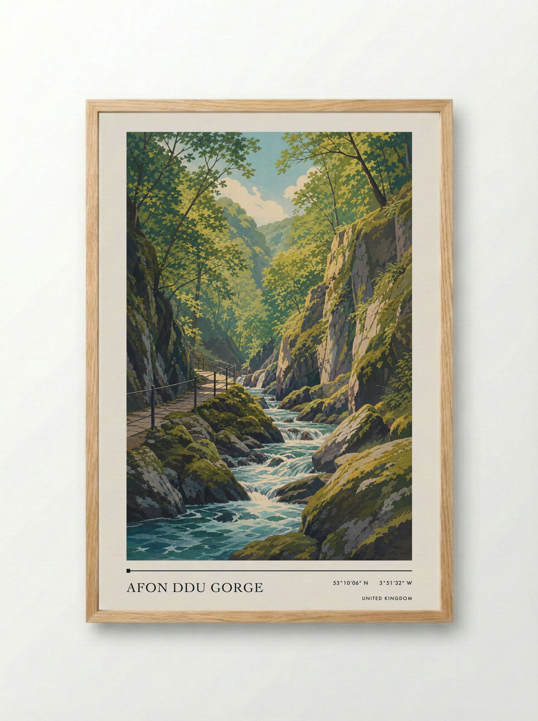Afon Ddu Gorge United Kingdom Travel Poster - Framed Print Wood