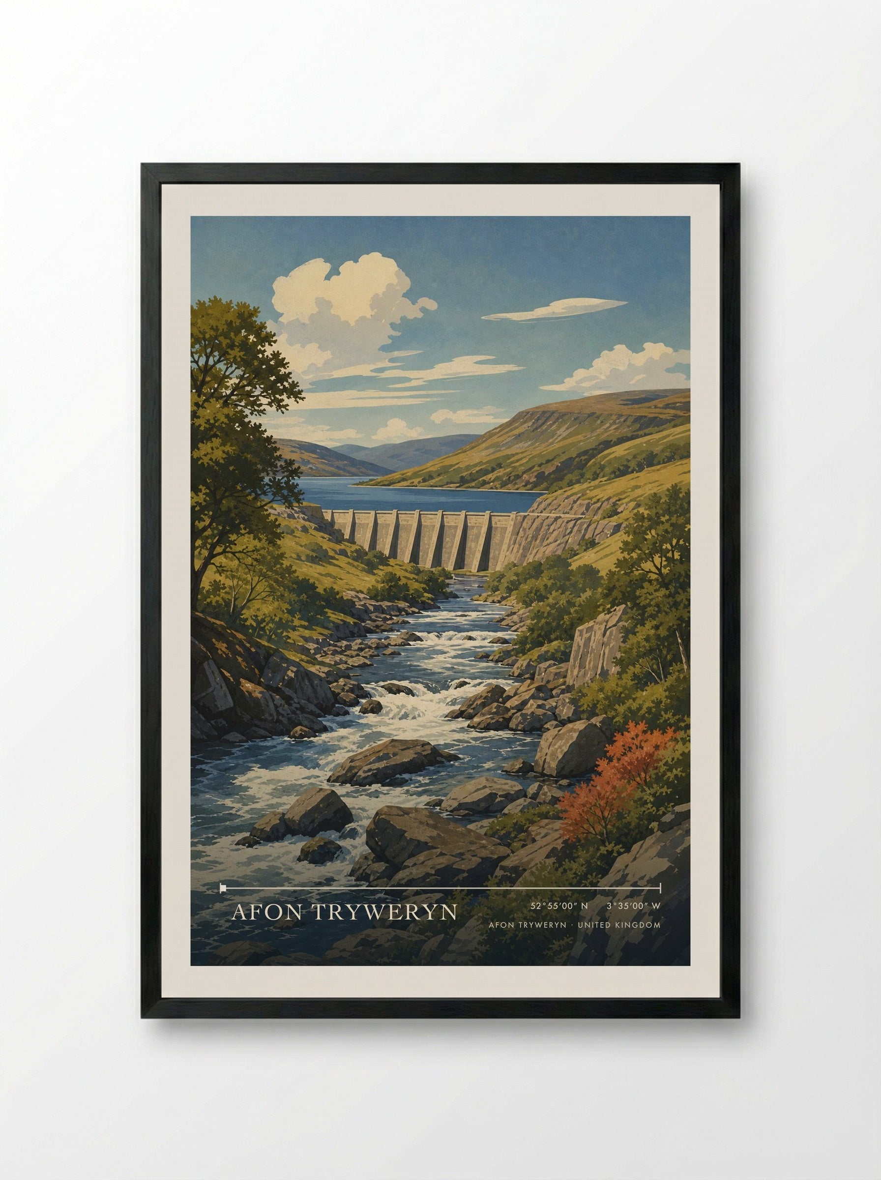 Afon Tryweryn United Kingdom Travel Poster - Framed Print Black