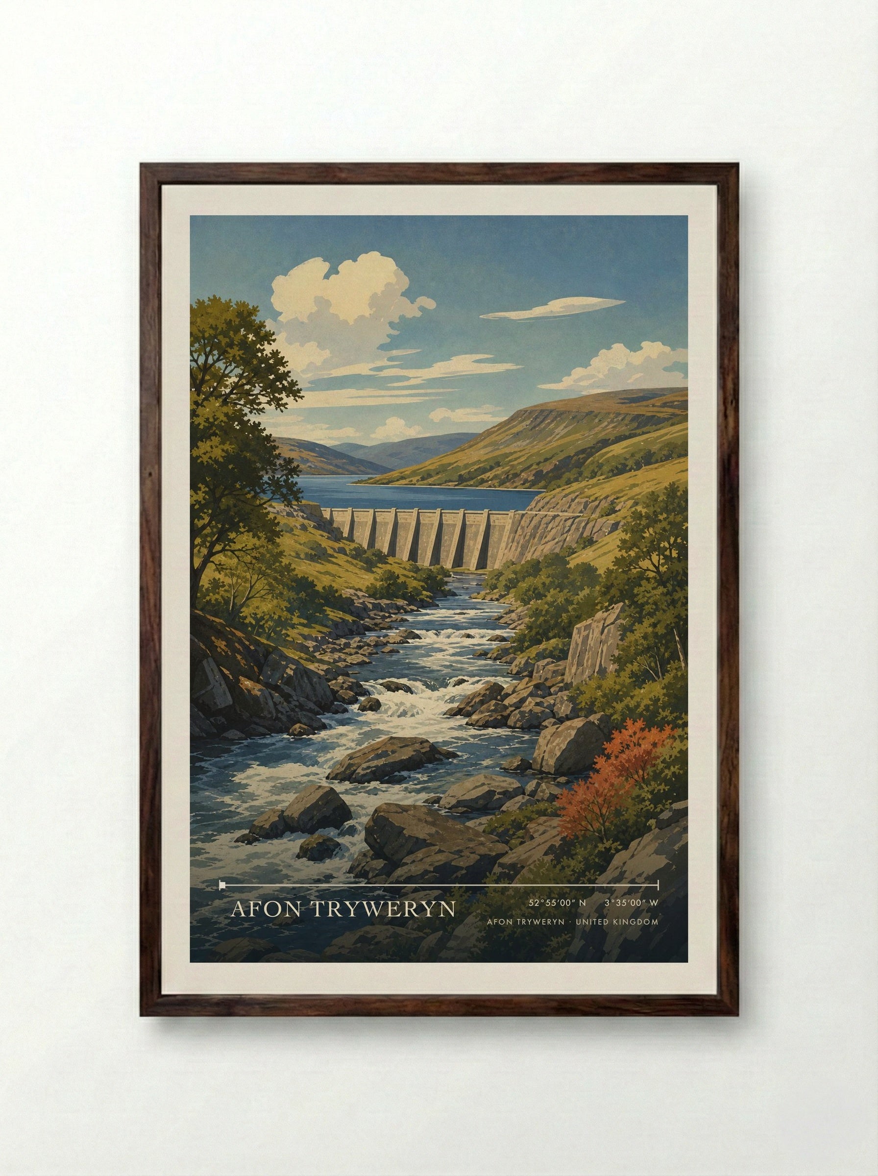 Afon Tryweryn United Kingdom Travel Poster - Framed Print Dark Wood