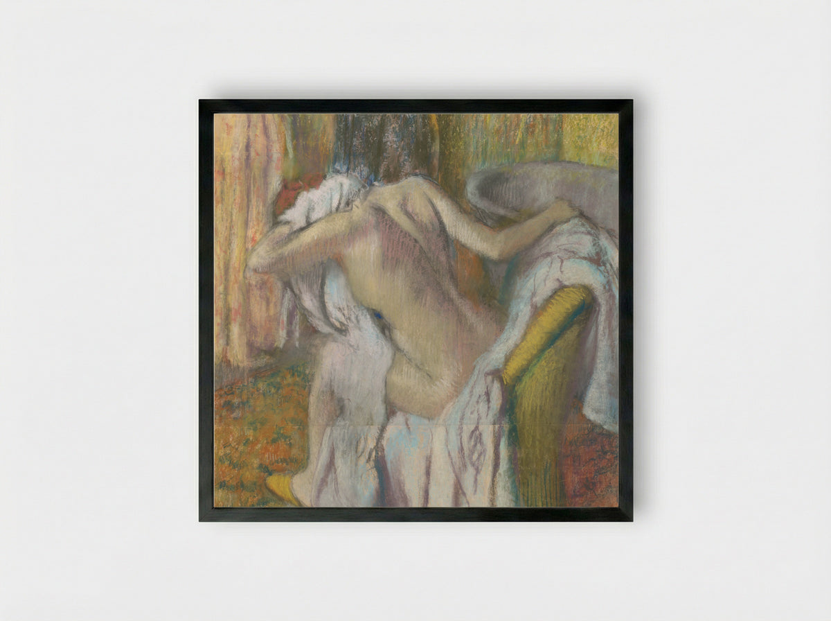 After the Bath, Woman Drying Herself - Edgar Degas - Framed Print Black