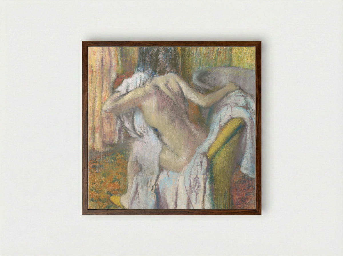 After the Bath, Woman Drying Herself - Edgar Degas - Framed Print Dark Wood