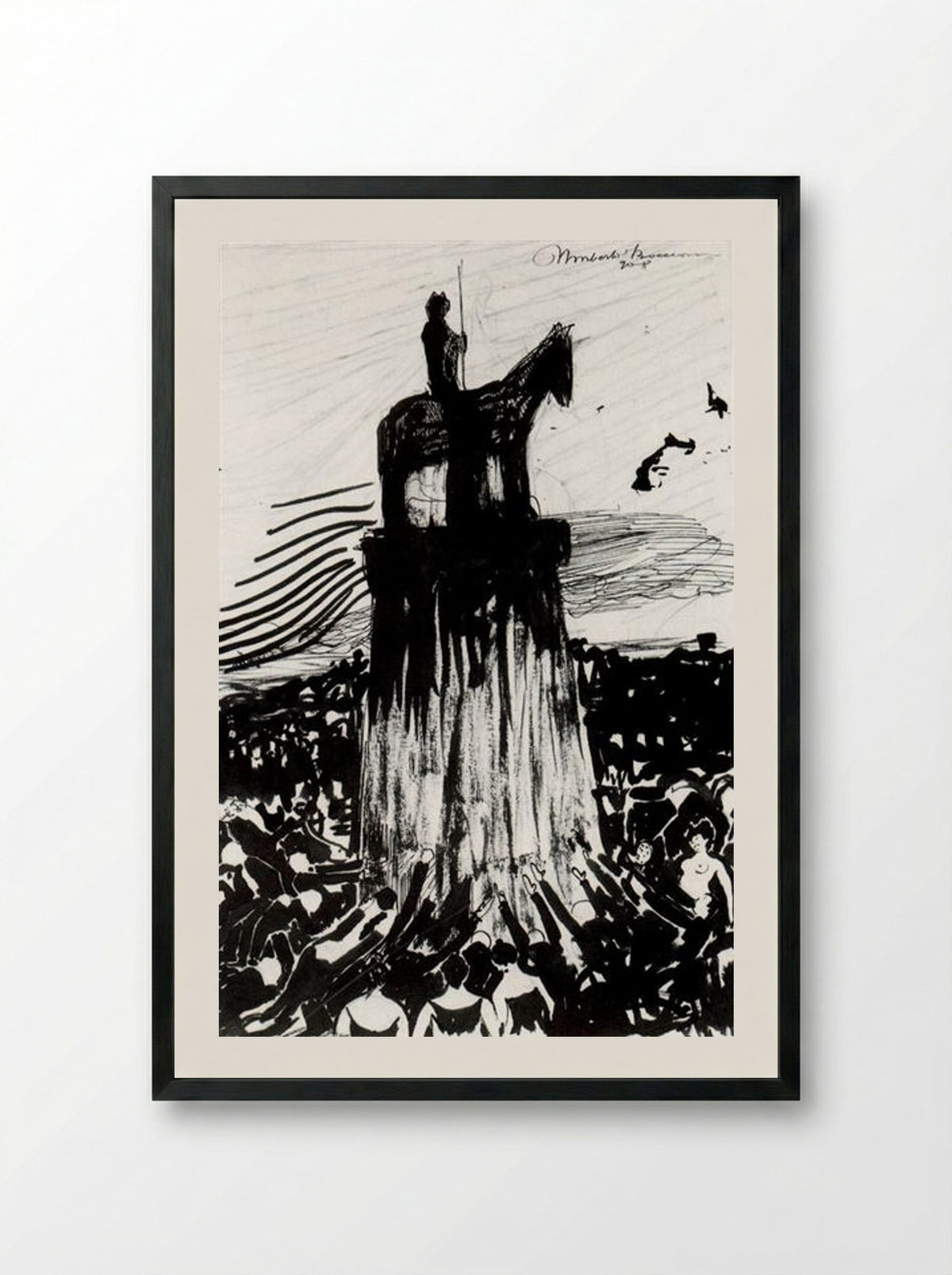 Agitate Crowd Surrounding a High Equestrian Monument - Umberto Boccioni - Framed Print Black