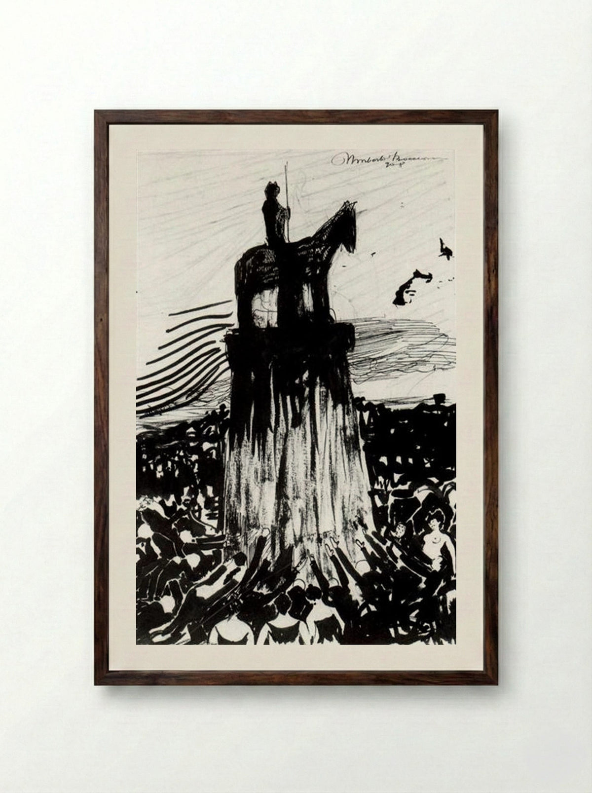 Agitate Crowd Surrounding a High Equestrian Monument - Umberto Boccioni - Framed Print Dark Wood
