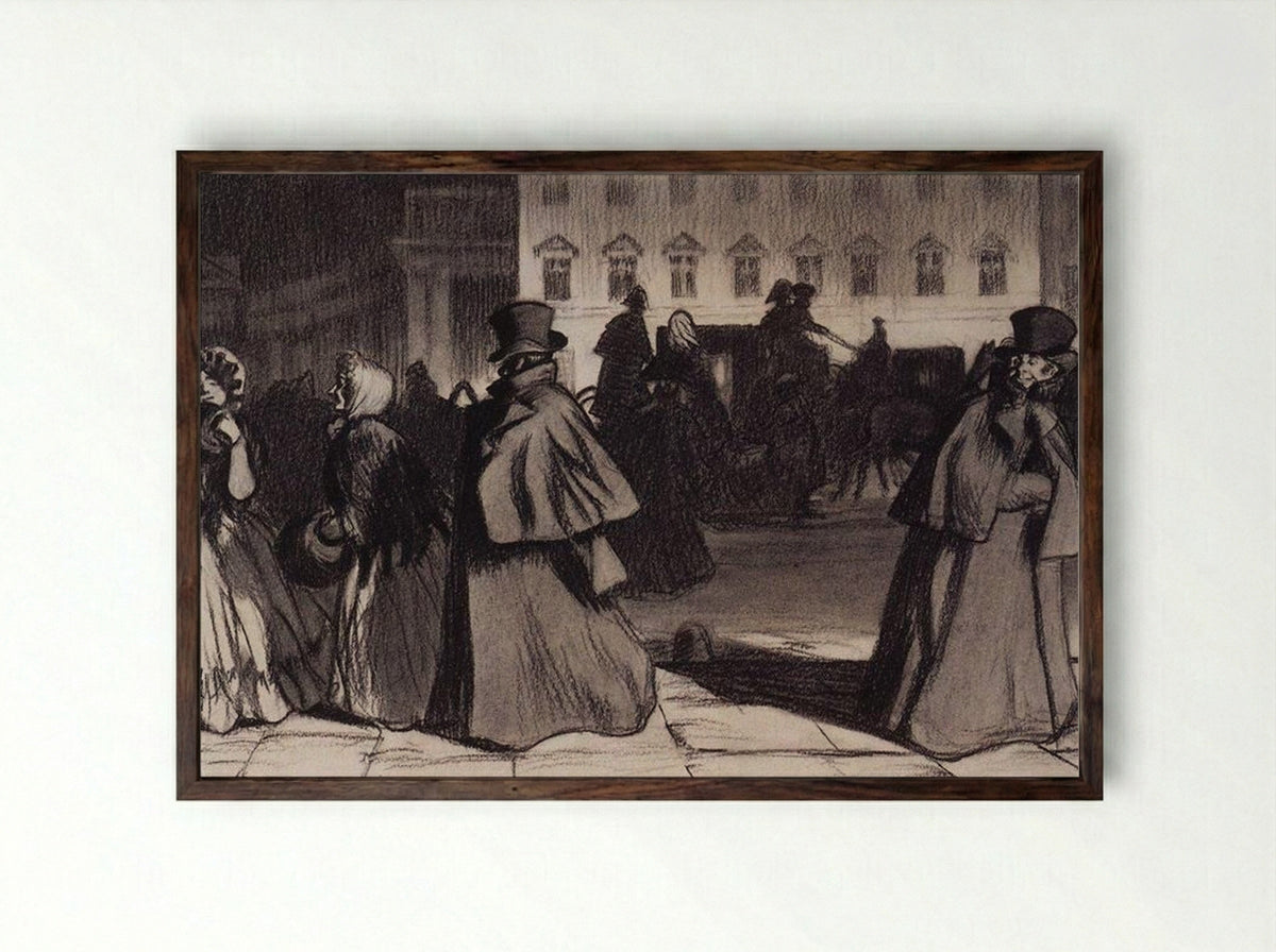 Akaky Akakiyevich on Nevsky Prospekt - Boris Kustodiev - Framed Print Dark Wood