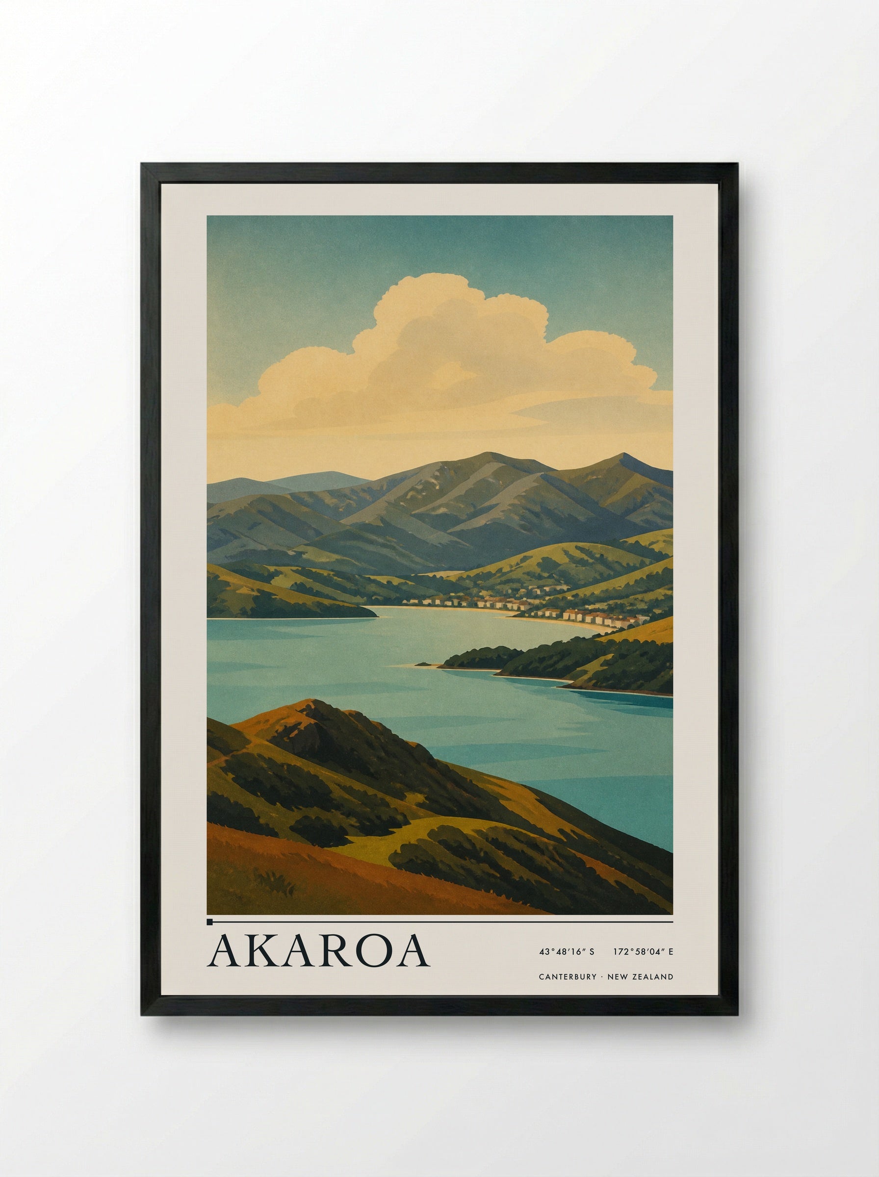 Akaroa Travel Poster Artwork - Framed Print Black