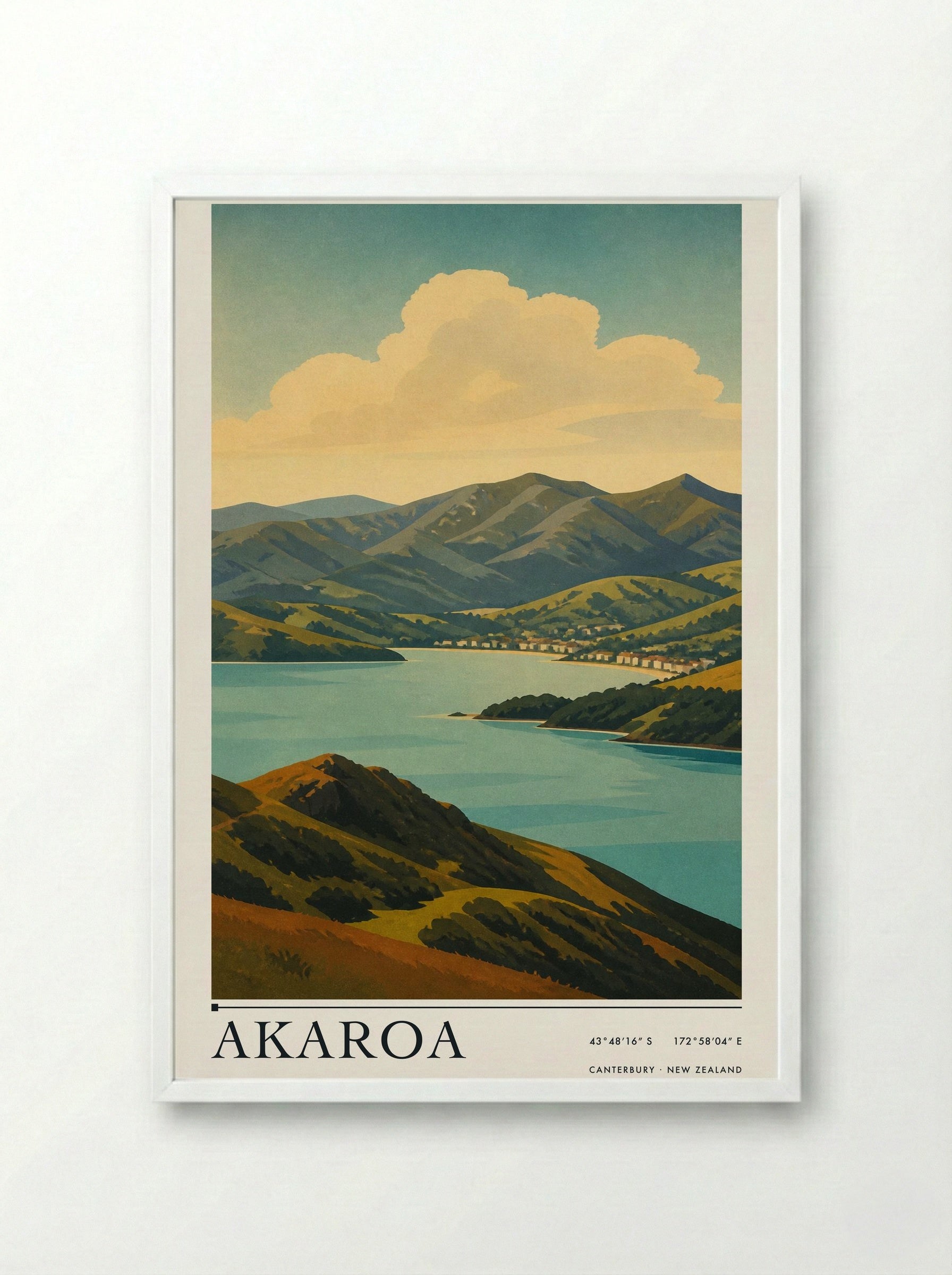 Akaroa Travel Poster Artwork - Framed Print White