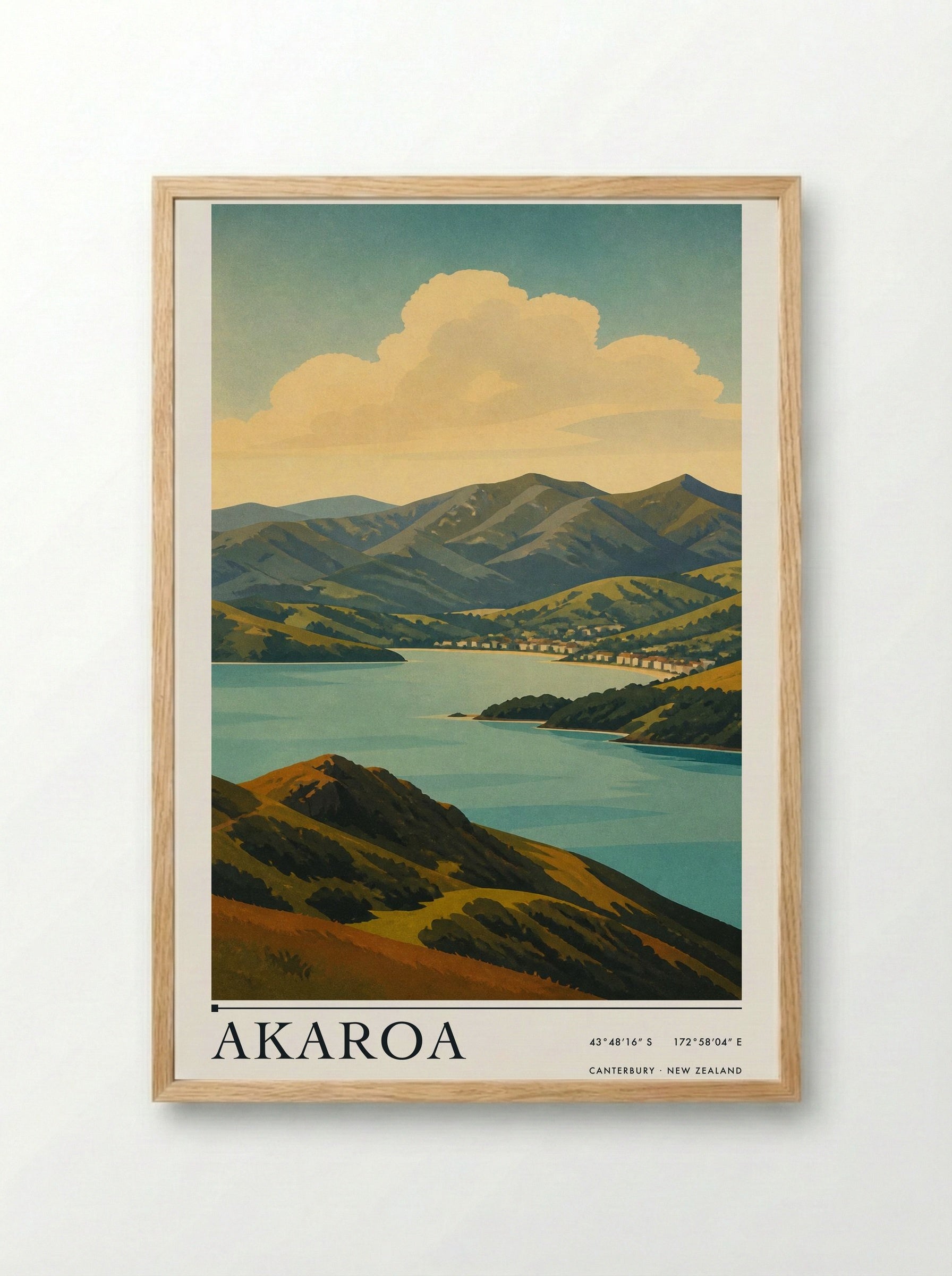 Akaroa Travel Poster Artwork - Framed Print Wood