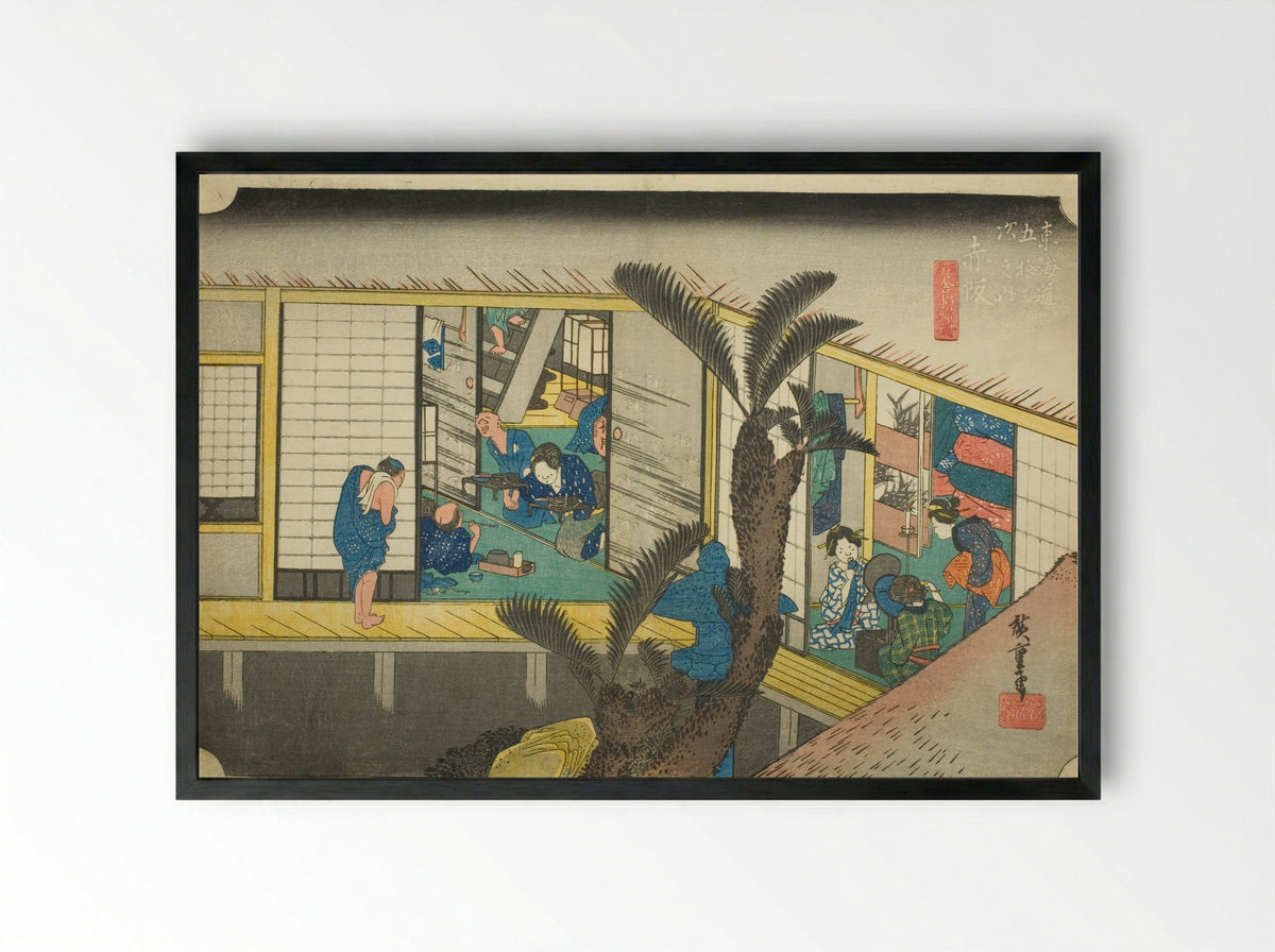 Akasaka: Waitresses at an Inn - Utagawa Hiroshige - Framed Print Black