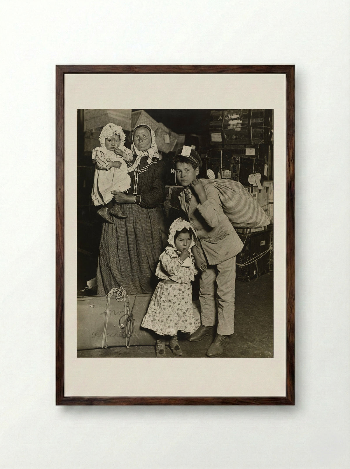 Albanian Woman and Children at Ellis Island - Lewis Wickes Hine - Framed Print Dark Wood