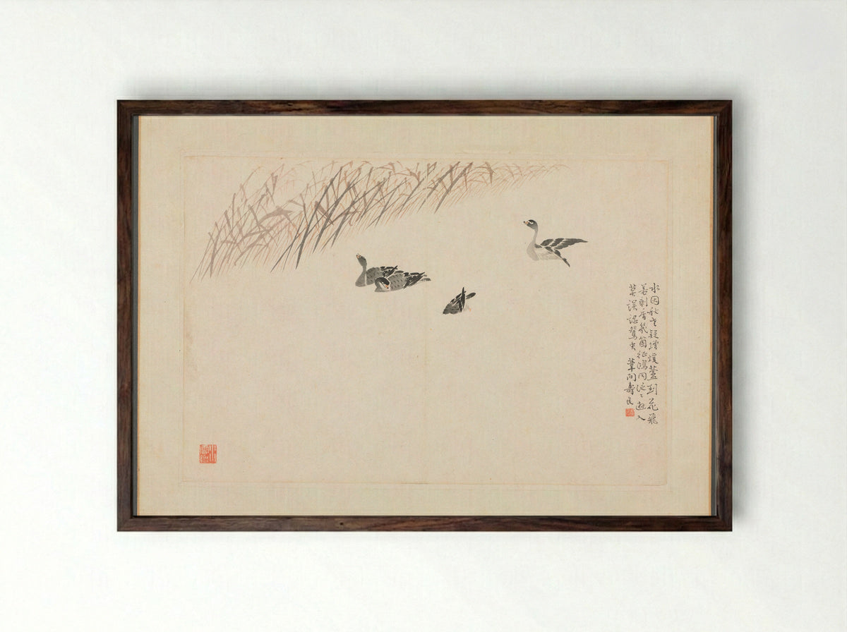 Album of Calligraphy and Paintings (Geese and Reeds) - Bian Shoumin - Framed Print Dark Wood