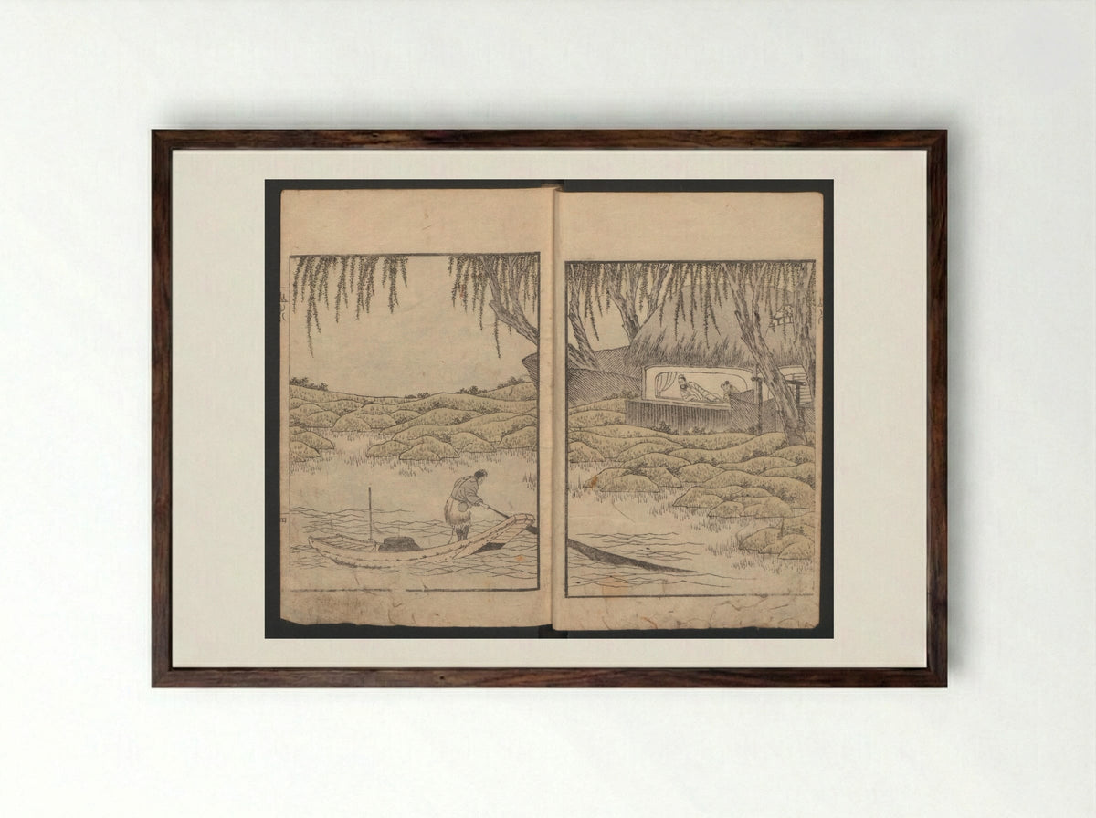 Album of Landscape Paintings by Ichiro - Yashima Gakutei - Framed Print Dark Wood