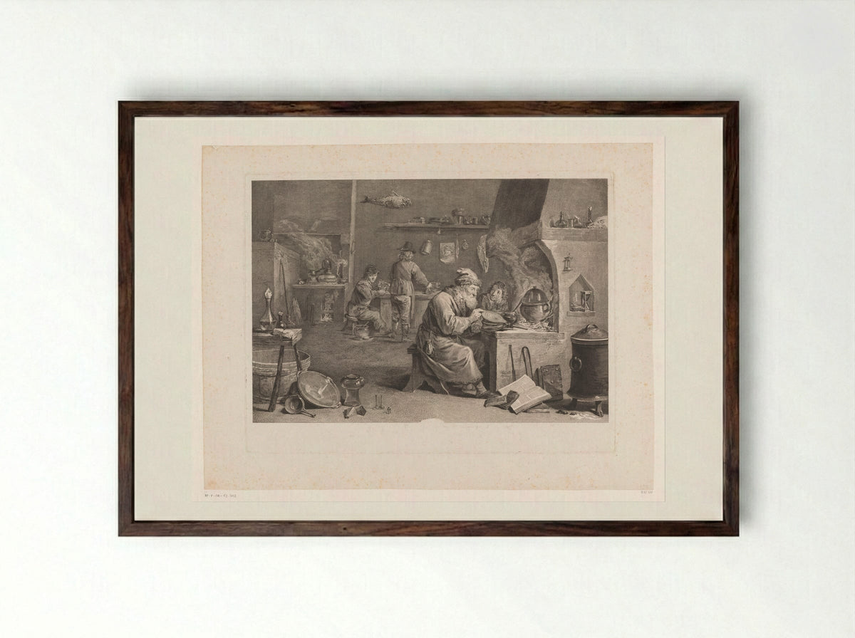 Alchemist in his Workshop - Jacques-Philippe Le Bas - Framed Print Dark Wood