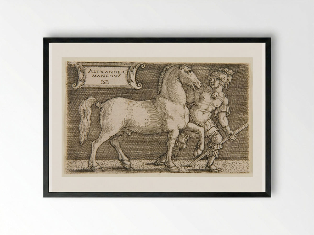 Alexander the Great with His Horse Bucephalus - Sebald Beham - Framed Print Black