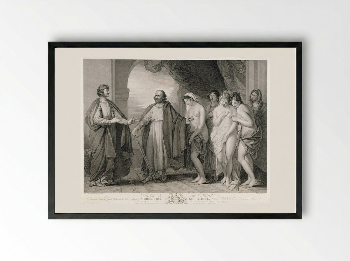Alfred III, King of Mercia, Visiting William d'Albanac - Jean Baptiste Michel - Framed Print Black