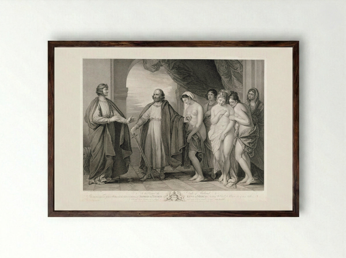 Alfred III, King of Mercia, Visiting William d'Albanac - Jean Baptiste Michel - Framed Print Dark Wood