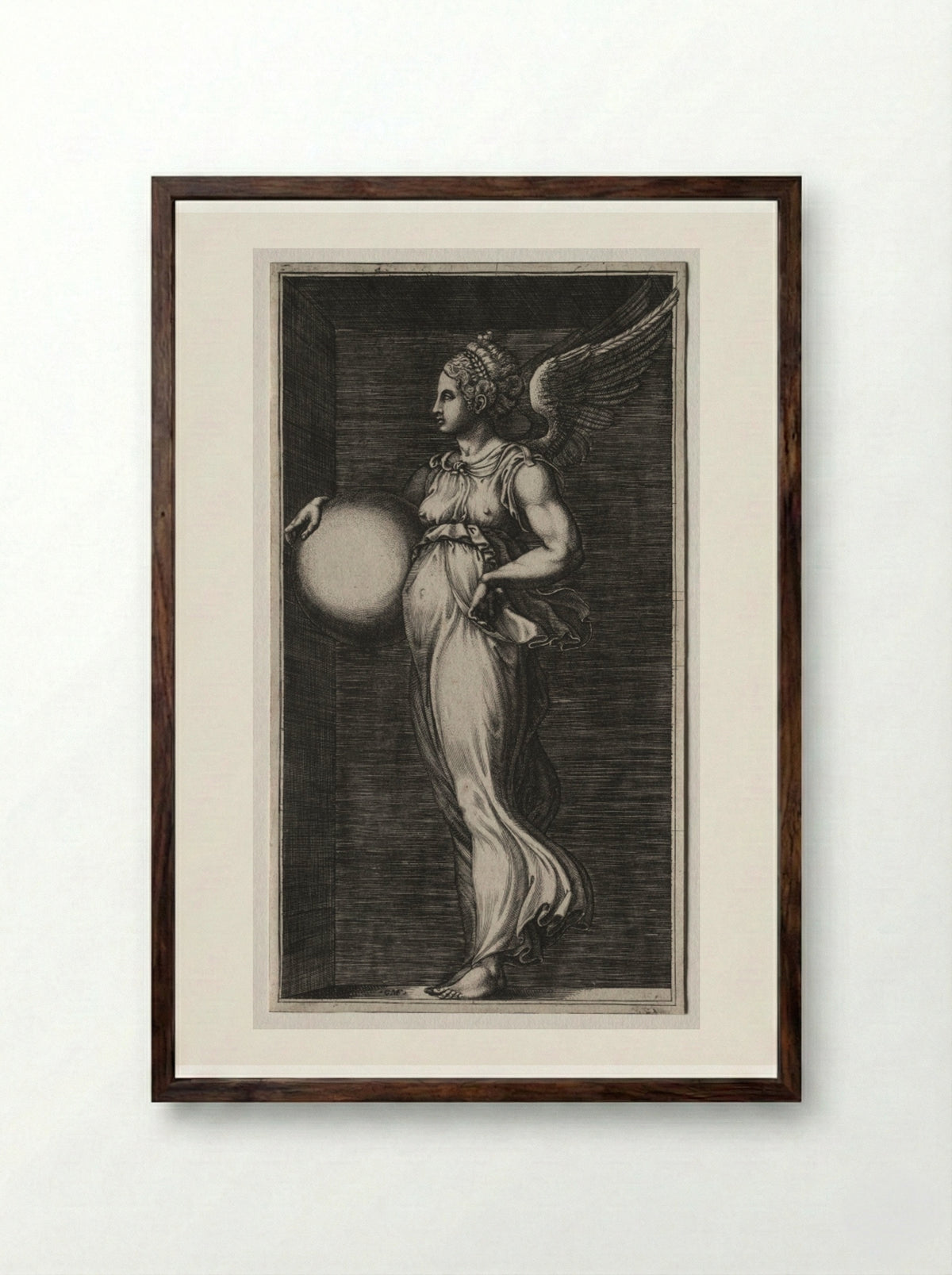 Allegorical Figure Holding a Sphere - Giorgio Ghisi - Framed Print Dark Wood