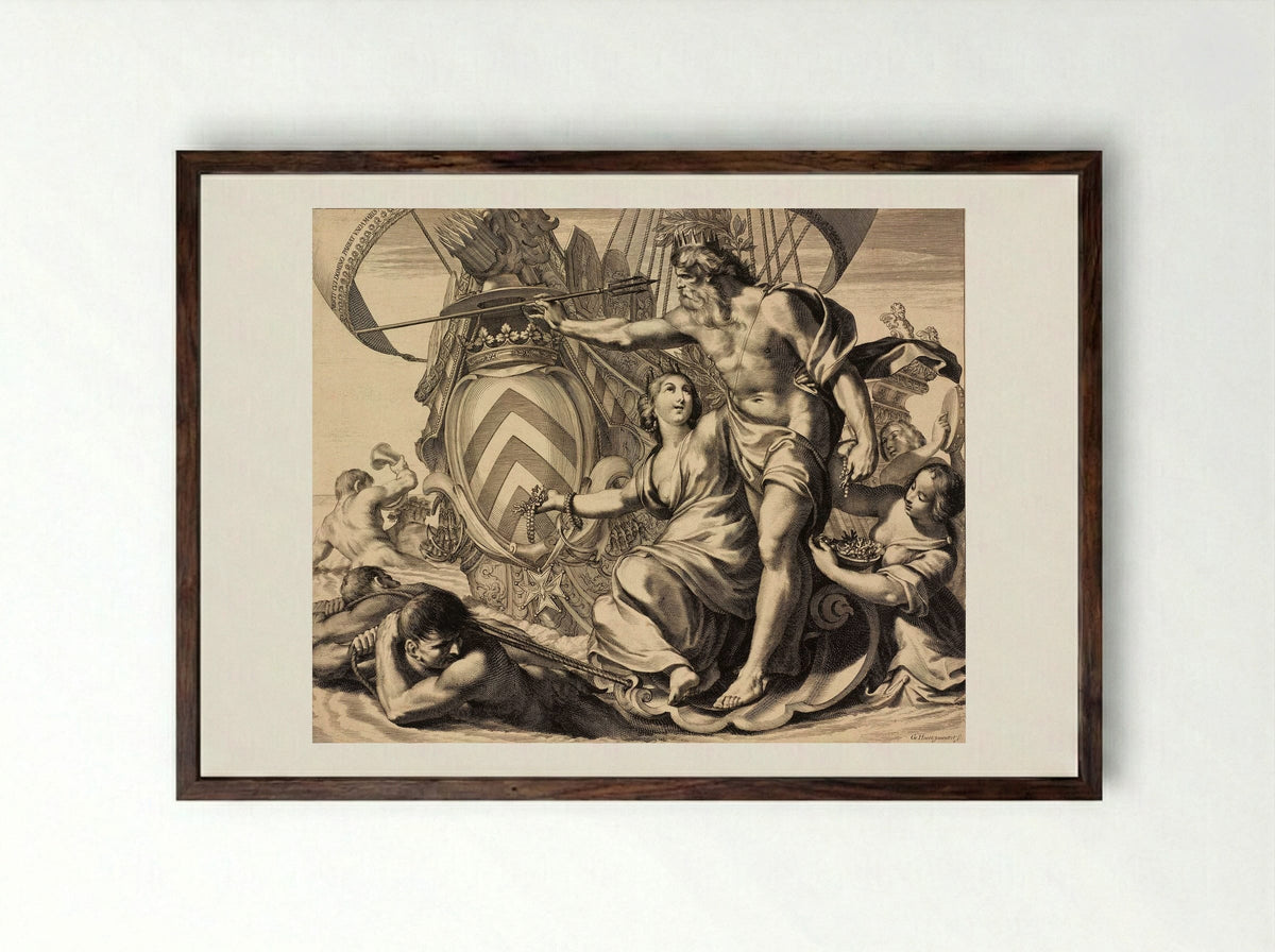 Allegorical Representation of Cardinal Richelieu with Apollo and Neptune - Grégoire Huret - Framed Print Dark Wood