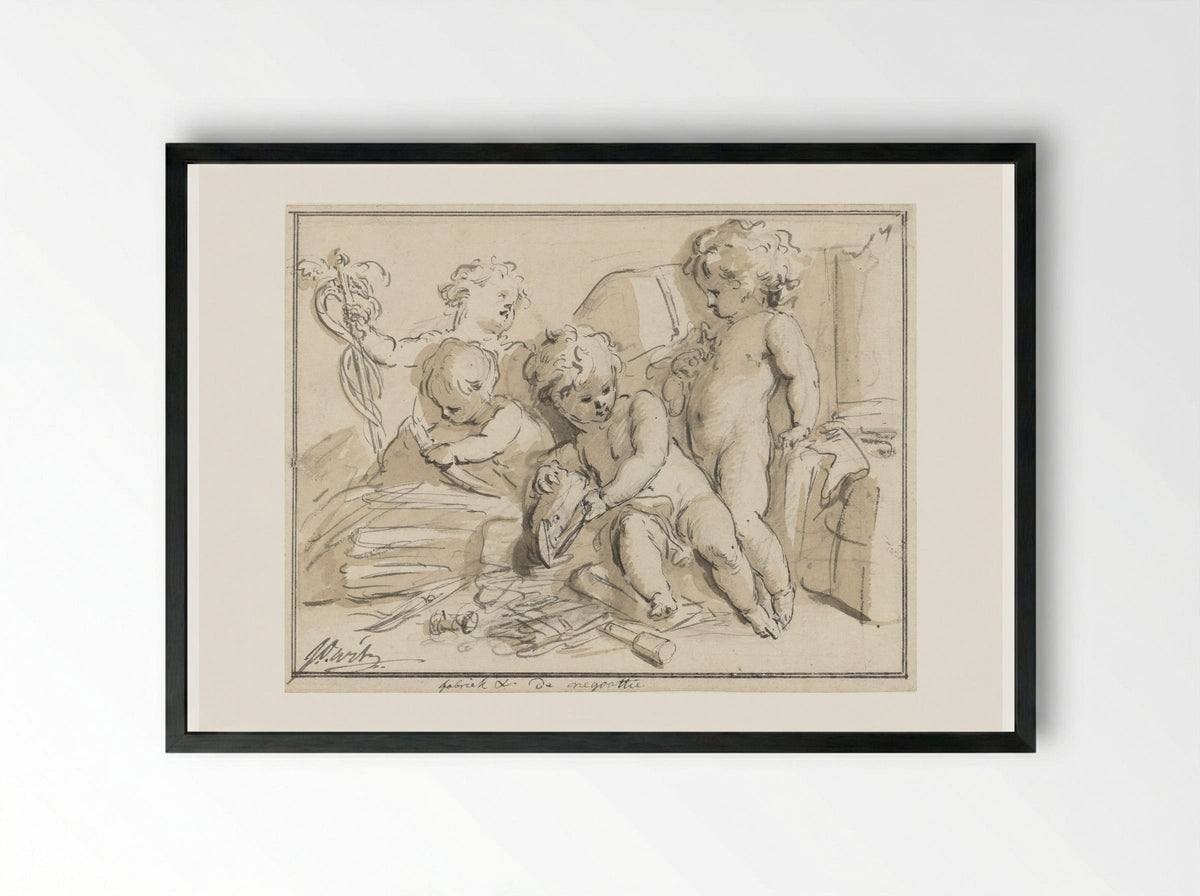 Allegorie op de koophandel met vier putti - Jacob de Wit - Framed Print Black