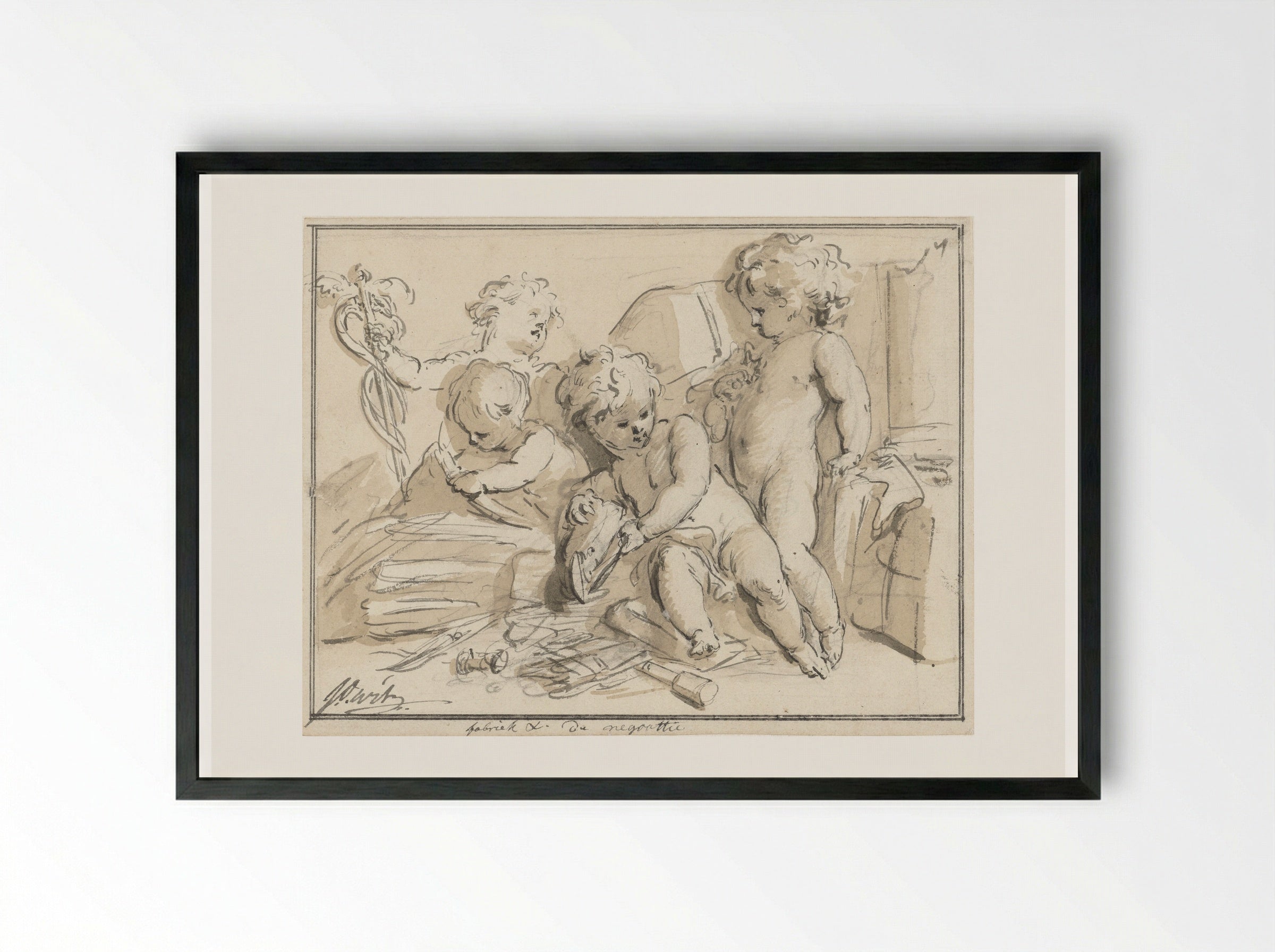 Allegorie op de koophandel met vier putti - Jacob de Wit - Framed Print Black