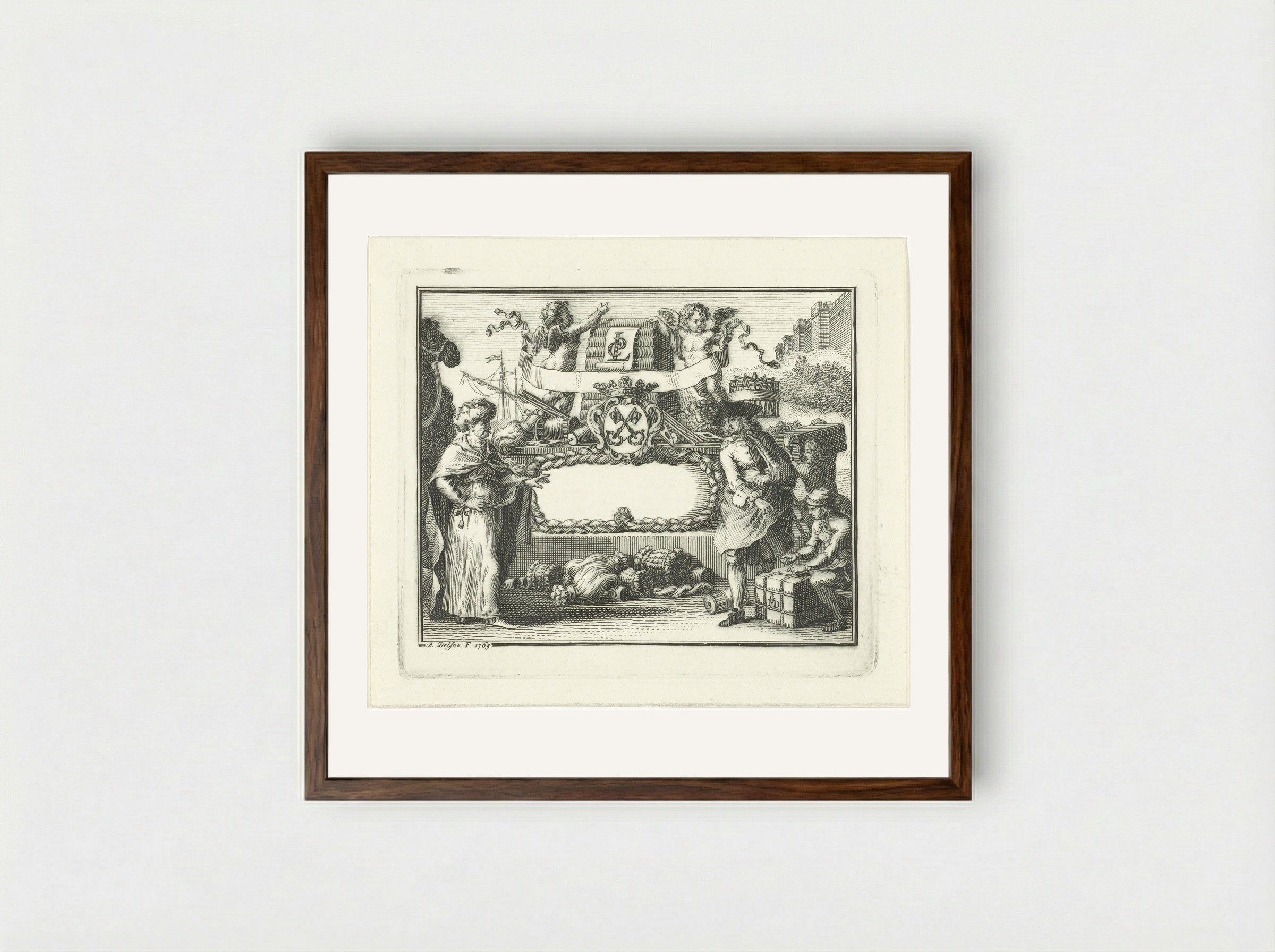 Allegorie op wolhandel in Leiden - Abraham Delfos - Framed Print Dark Wood