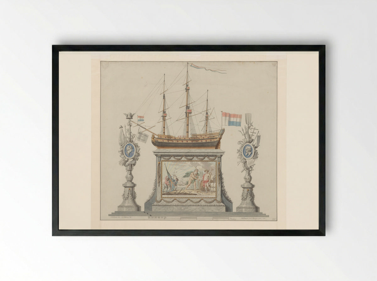 Allegorisch monument voor het Alliantiefeest op de Nieuwmarkt te Amsterdam, 19 juni 1795 - Fine Art Print - Framed Print Black