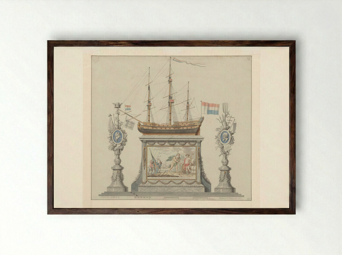 Allegorisch monument voor het Alliantiefeest op de Nieuwmarkt te Amsterdam, 19 juni 1795 - Fine Art Print - Framed Print Dark Wood