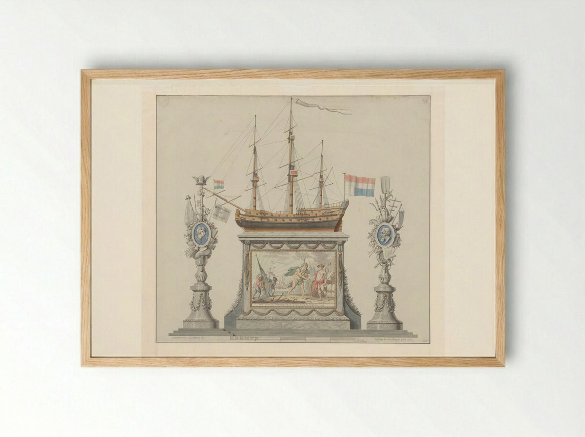 Allegorisch monument voor het Alliantiefeest op de Nieuwmarkt te Amsterdam, 19 juni 1795 - Fine Art Print - Framed Print Wood