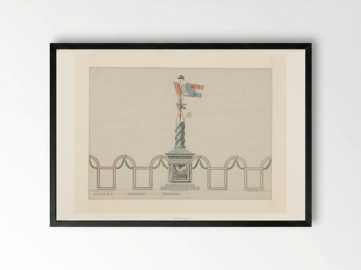 Allegorische zuil voor het Alliantiefeest op het Amstelveld te Amsterdam, 19 juni 1795 - Fine Art Print - Framed Print Black