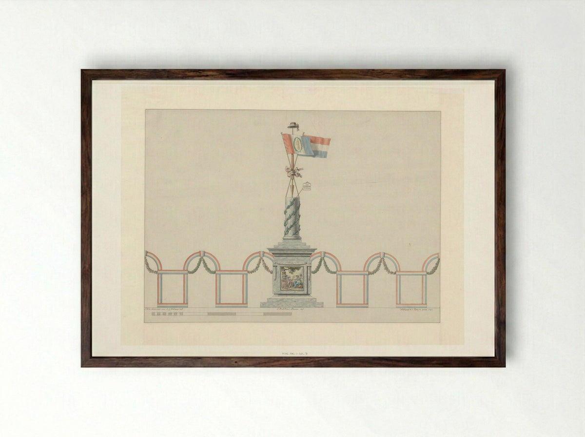 Allegorische zuil voor het Alliantiefeest op het Amstelveld te Amsterdam, 19 juni 1795 - Fine Art Print - Framed Print Dark Wood