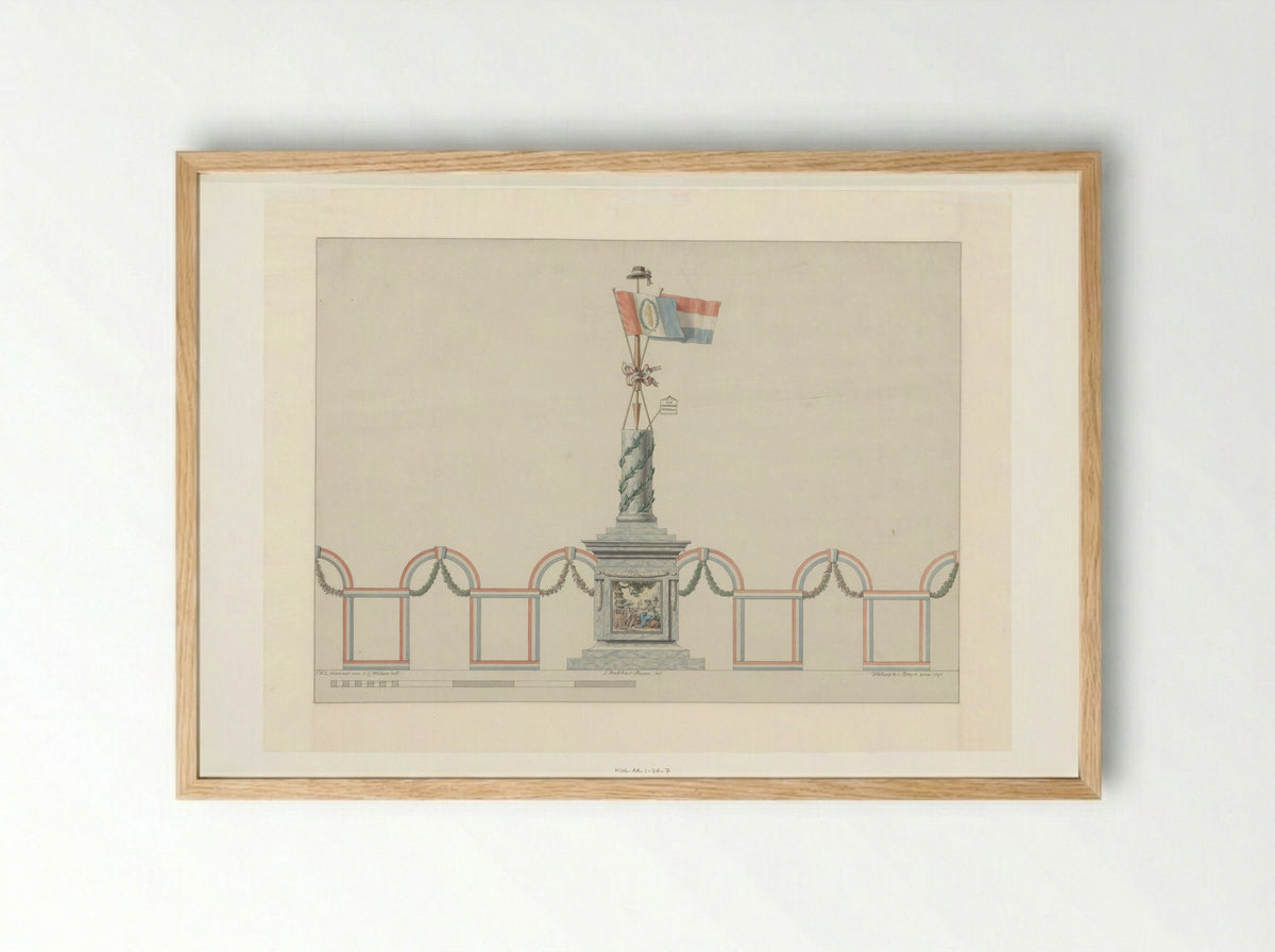 Allegorische zuil voor het Alliantiefeest op het Amstelveld te Amsterdam, 19 juni 1795 - Fine Art Print - Framed Print Wood