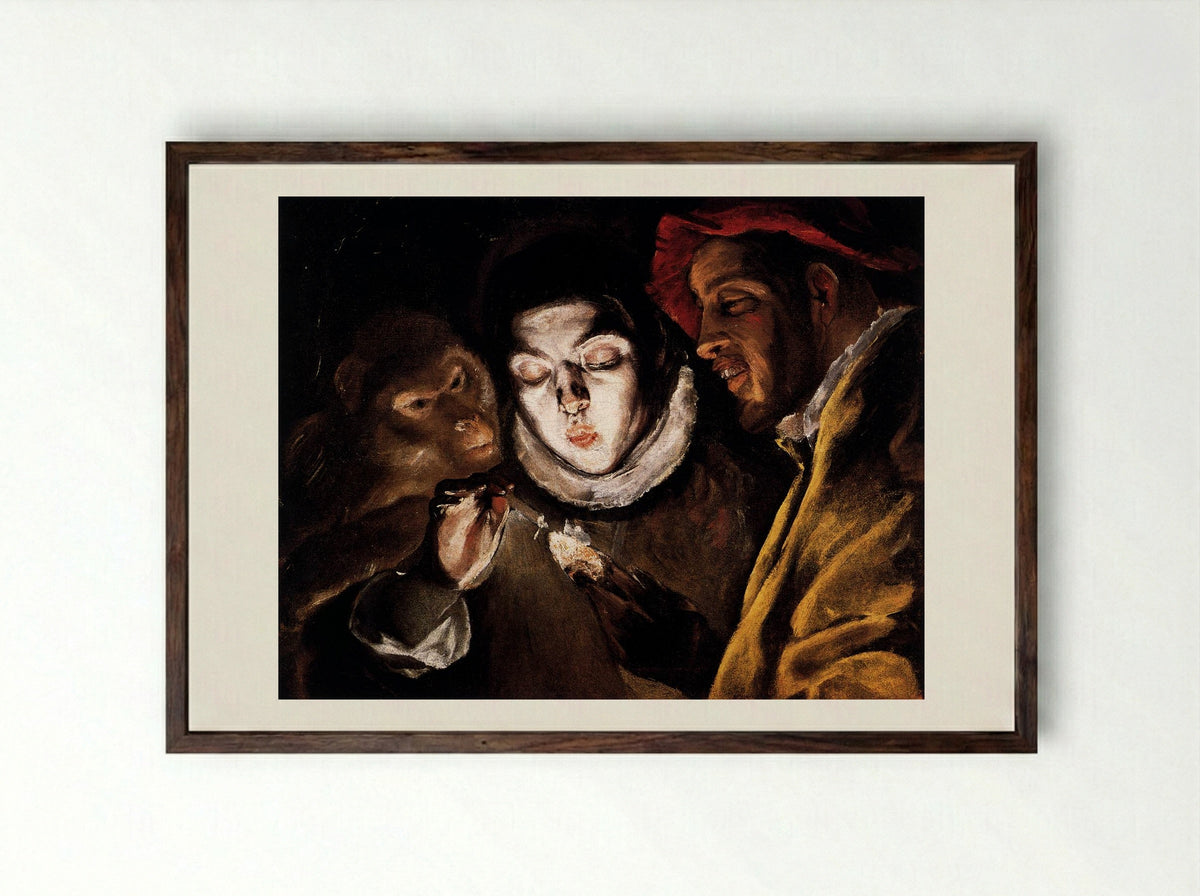 Allegory (Boy Lighting a Candle in the Company of an Ape and a Fool) - El Greco - Framed Print Dark Wood