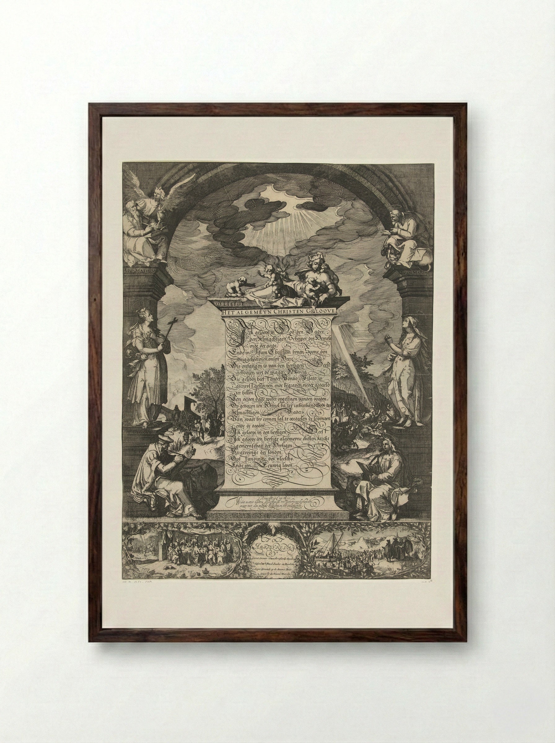 Allegory of the Apostles' Creed with the Four Evangelists - Simon Frisius - Framed Print Dark Wood