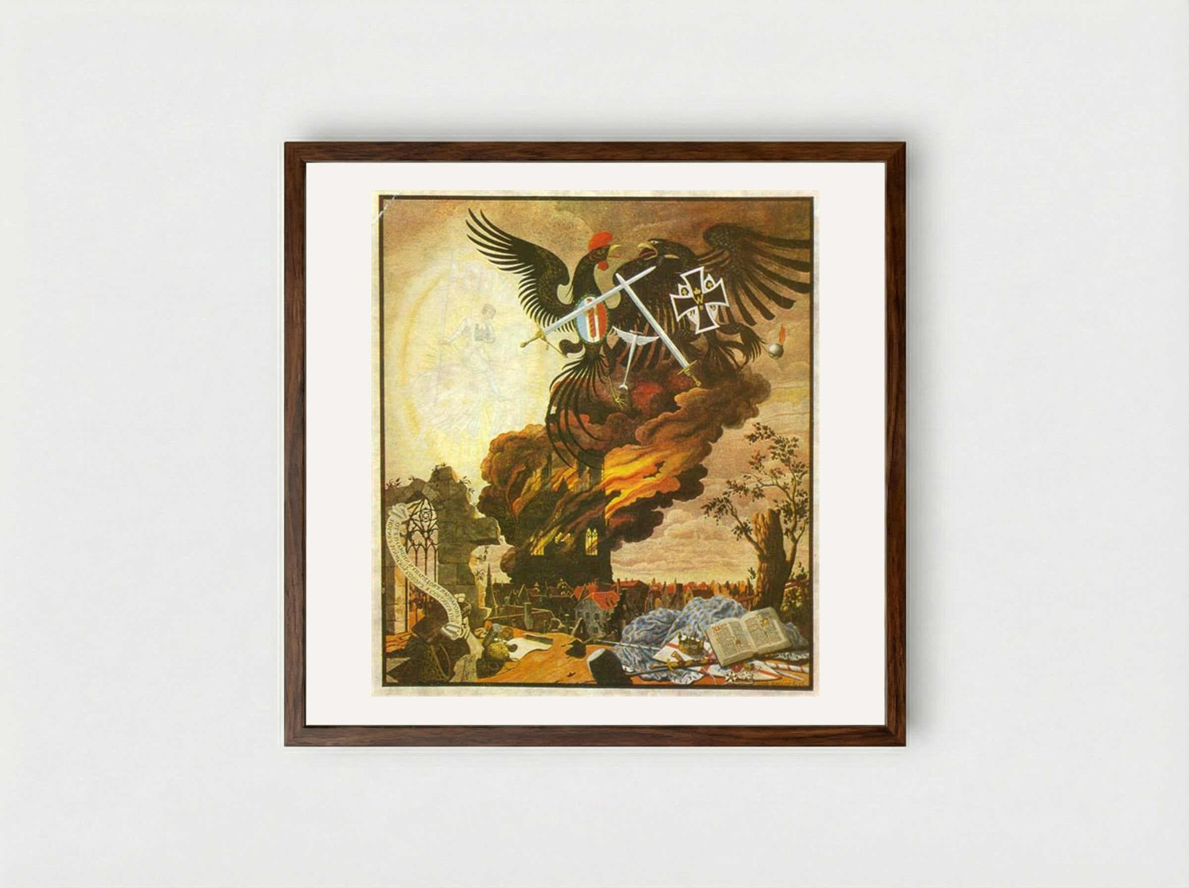 Allegory of the Destruction of the Cathedral at Reims - Heorhiy Narbut - Framed Print Dark Wood