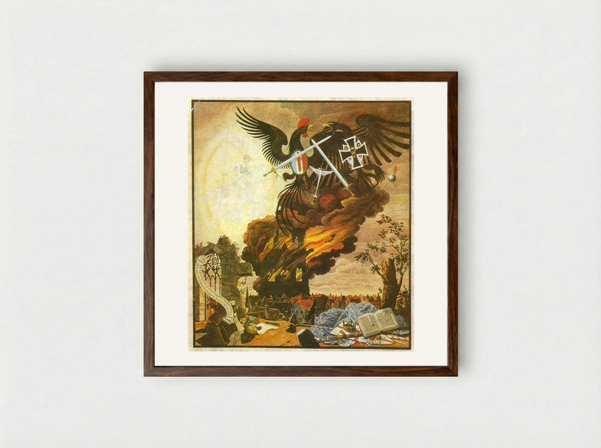 Allegory of the Destruction of the Cathedral at Reims - Heorhiy Narbut - Framed Print Dark Wood