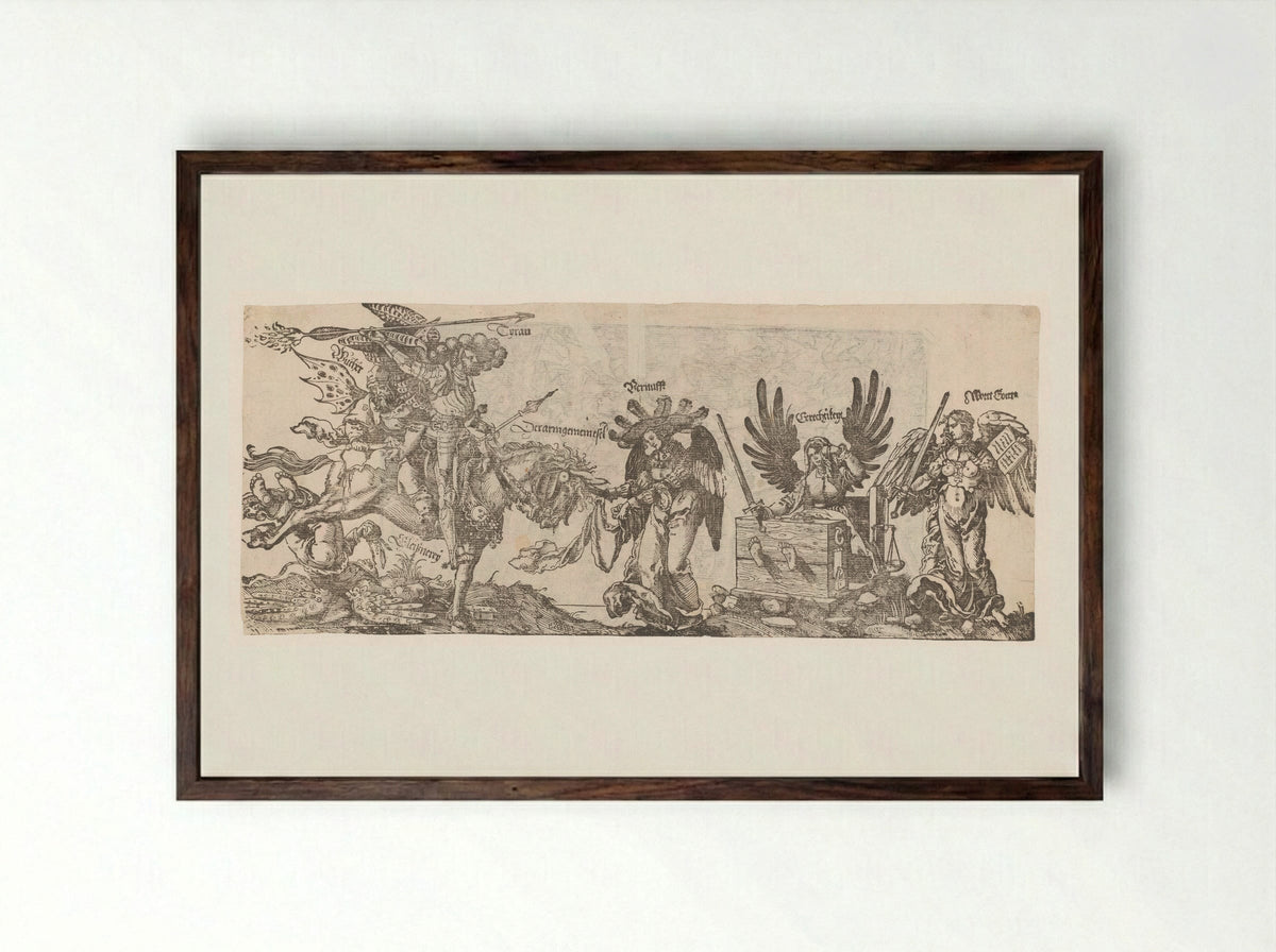 Allegory of the Struggle between Tyranny, Usury, and Hypocrisy against Reason, Justice, and the Word of God - Peter Flötner - Framed Print Dark Wood