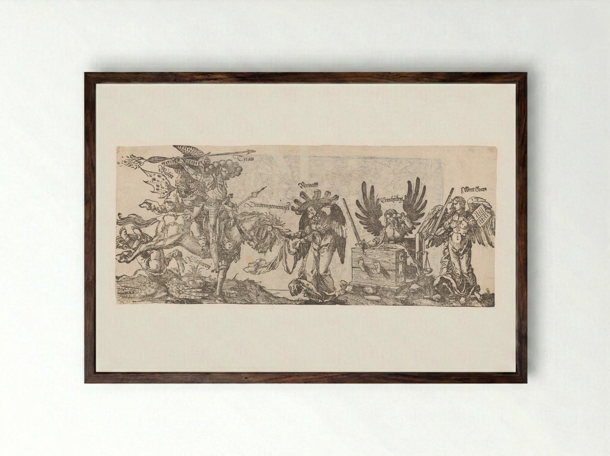 Allegory of the Struggle between Tyranny, Usury, and Hypocrisy against Reason, Justice, and the Word of God - Peter Flötner - Framed Print Dark Wood
