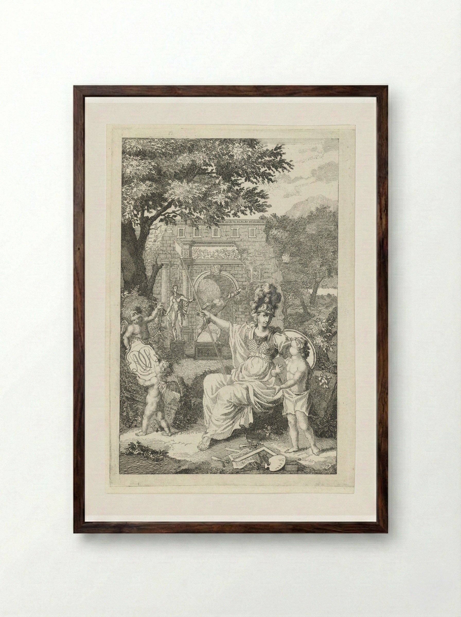 Allegory with Minerva as Patroness of the Arts - Abraham Delfos - Framed Print Dark Wood