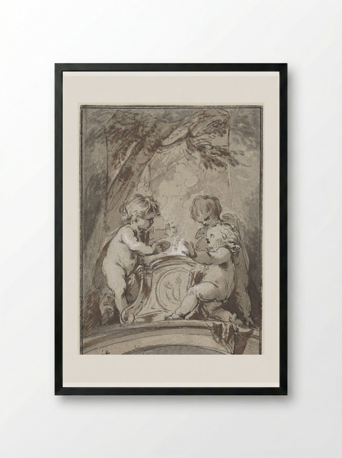 Allegory with Three Putti at an Altar - Jacob de Wit - Framed Print Black