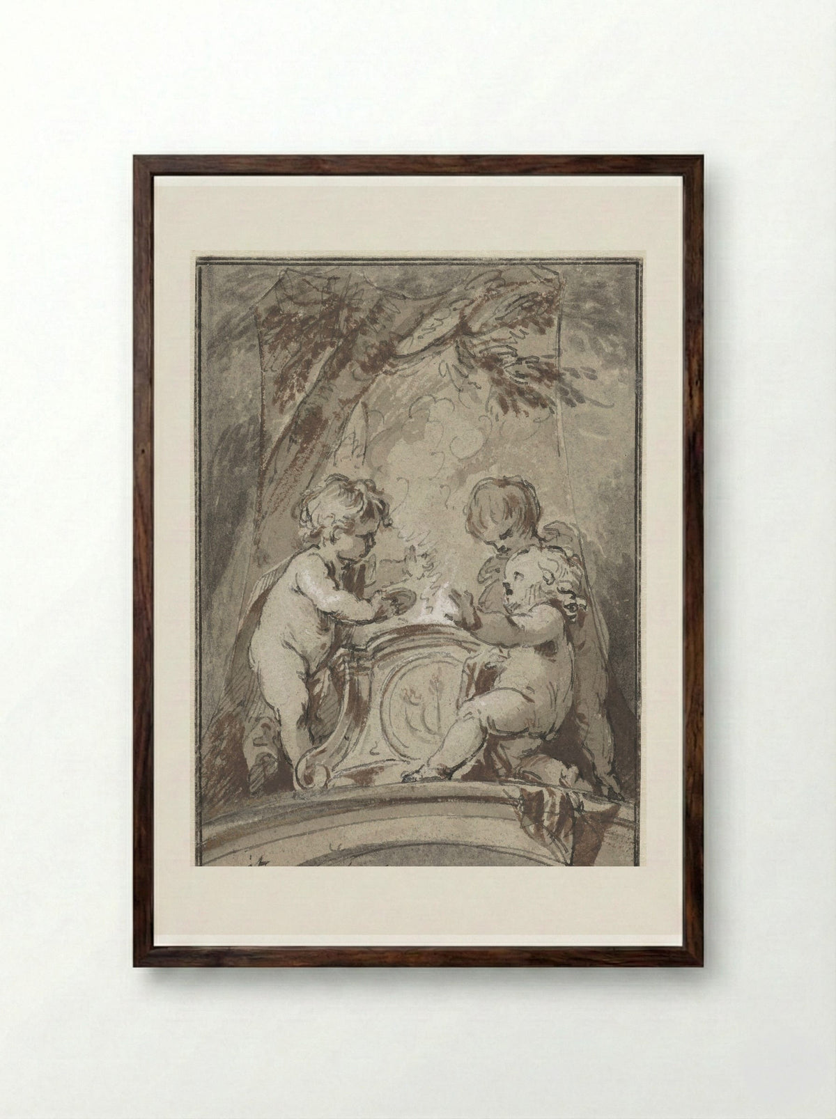 Allegory with Three Putti at an Altar - Jacob de Wit - Framed Print Dark Wood
