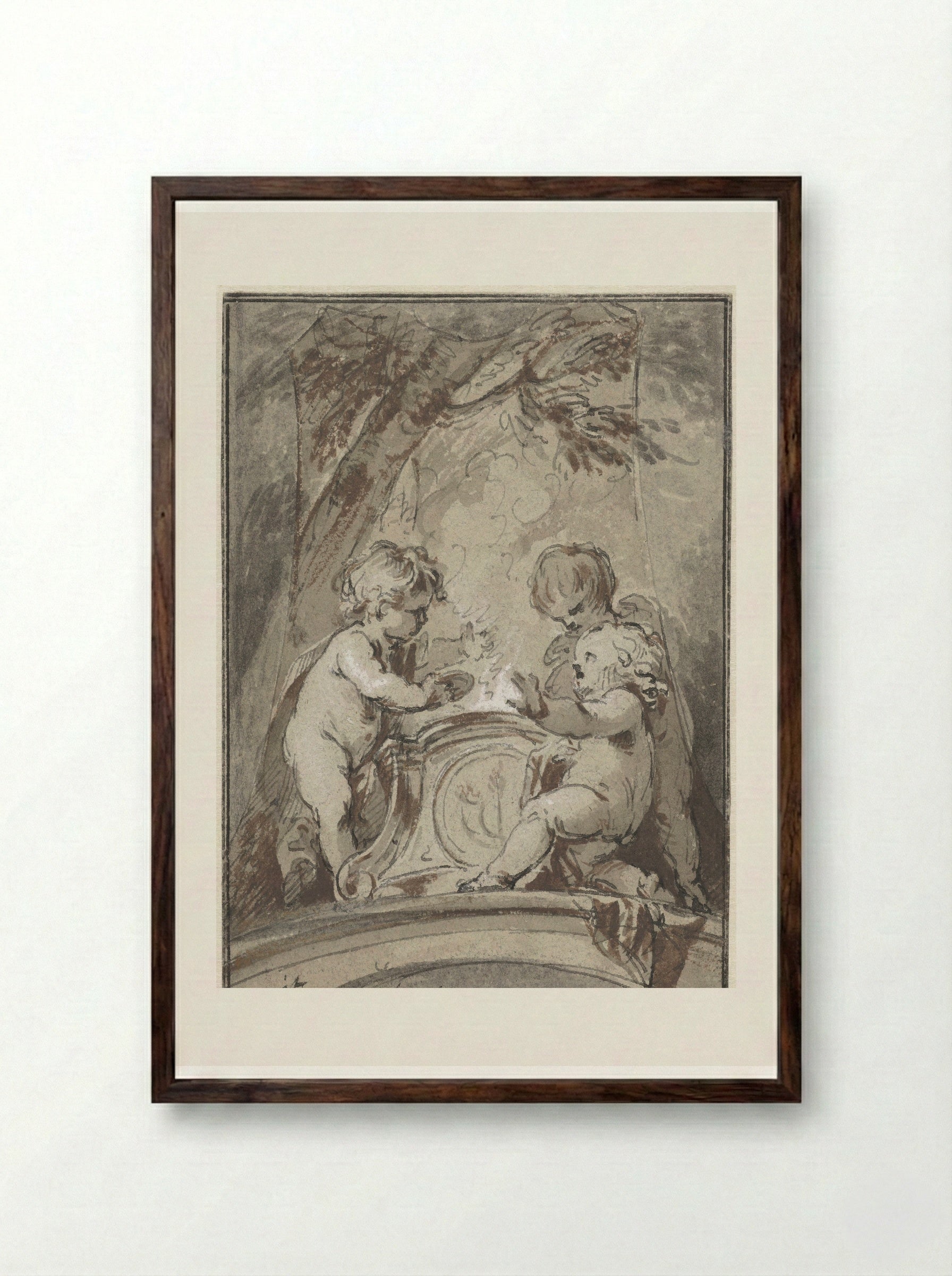 Allegory with Three Putti at an Altar - Jacob de Wit - Framed Print Dark Wood