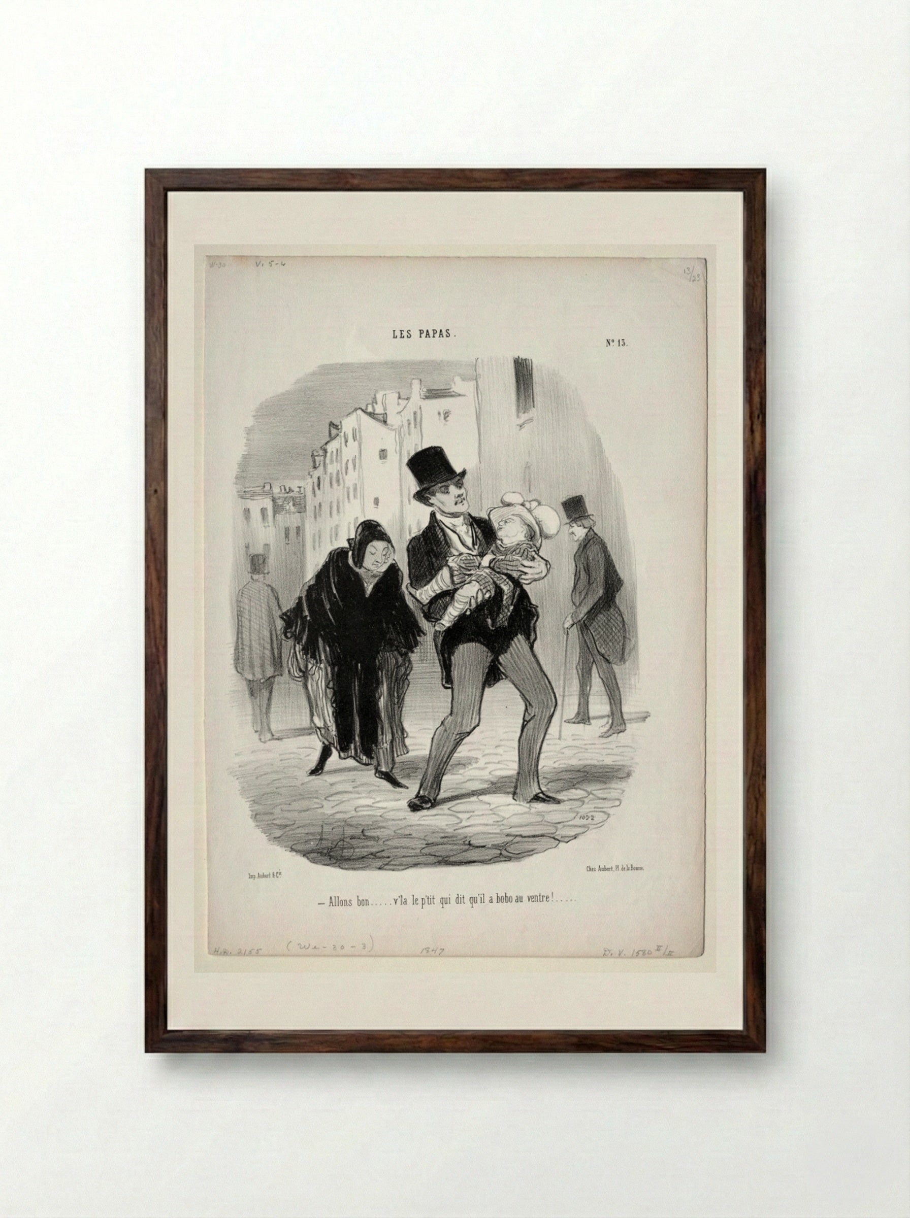 Allons bon... v'la le p'tit qui dit qu'il a bobo au ventre! - Honoré Daumier - Framed Print Dark Wood